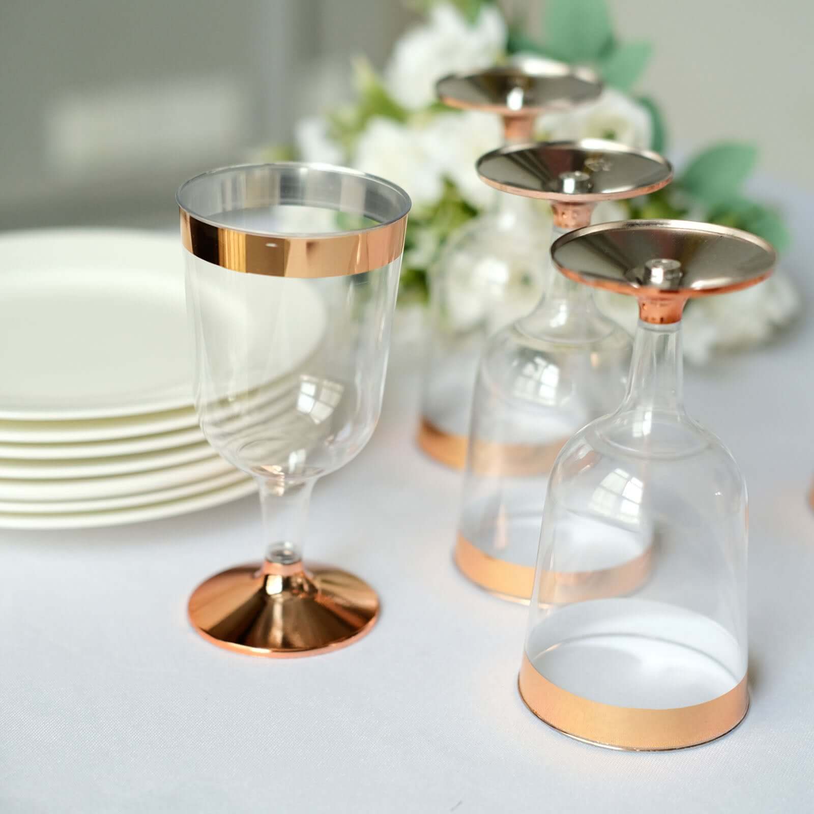12-Pack Plastic Wine Glasses Clear with Rose Gold Rim - Classy Disposable Cups with Detachable Base for Weddings & Special Occasions 6oz