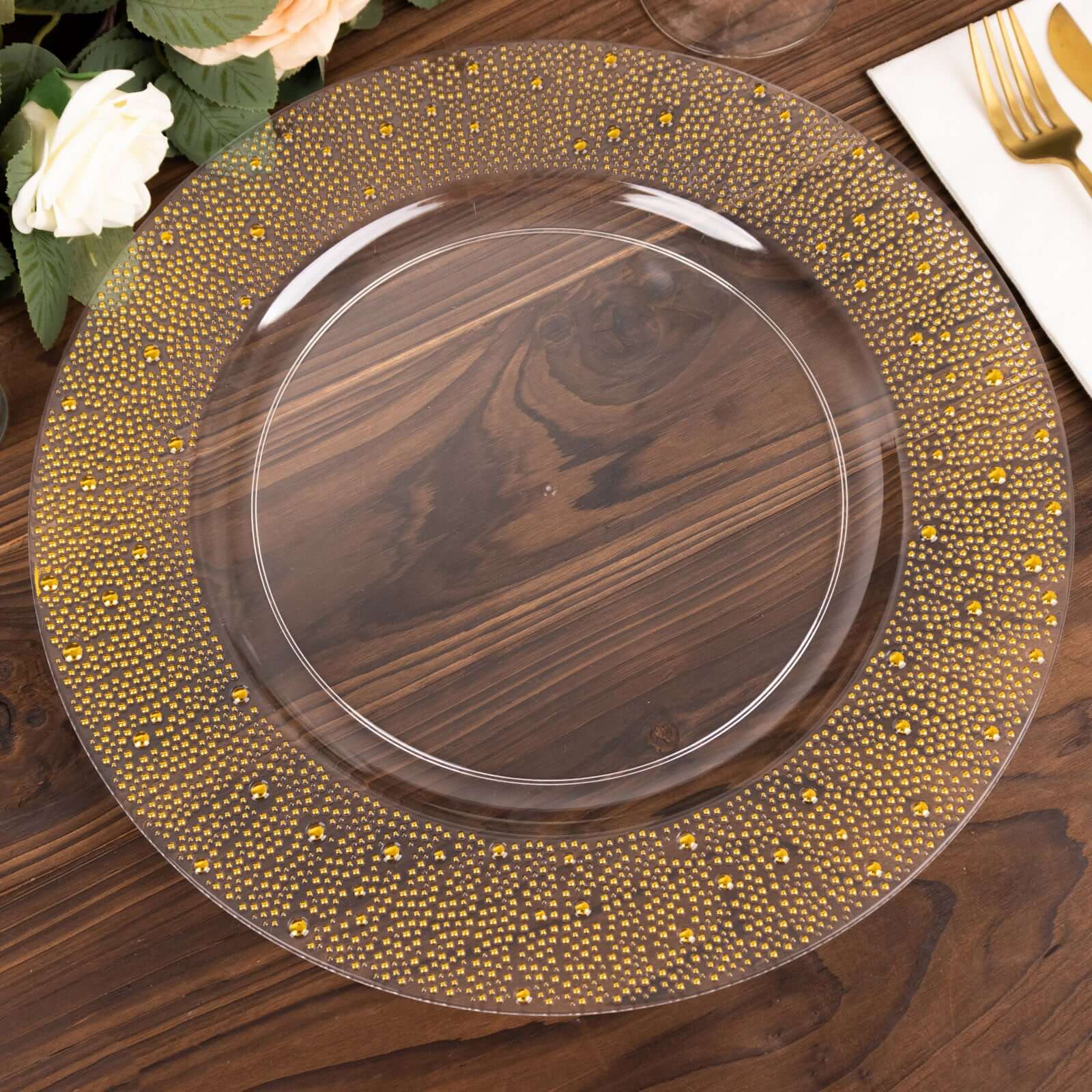 6-Pack Plastic Round Charger Plates 13" in Clear with Gold Pearl Beaded Rim, Upscale Dinner Serving Plates