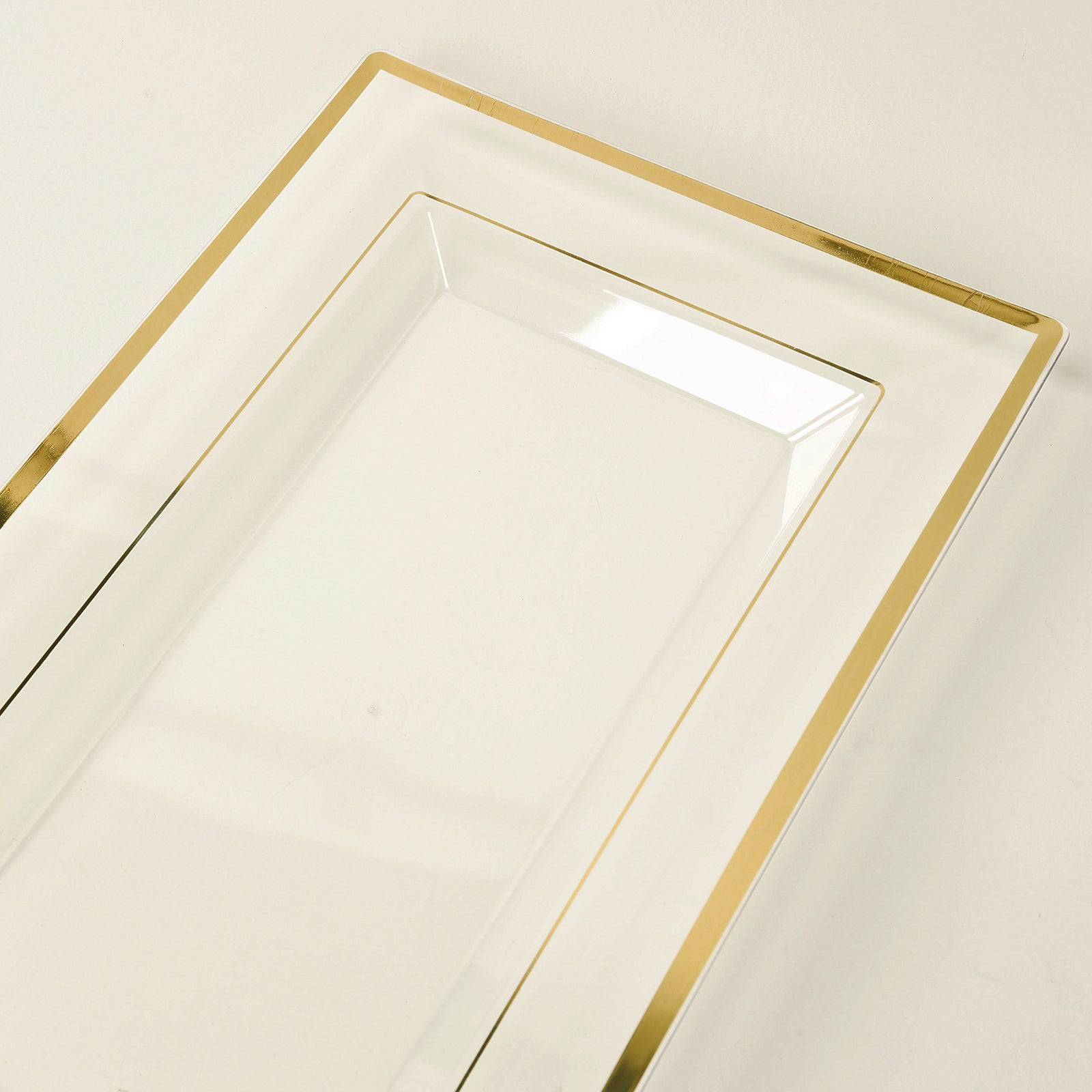 10-Pack Plastic 13"x8" Rectangle Serving Trays Clear with Gold Rim - Durable Reusable Sleek Design for Upscale Events & Parties