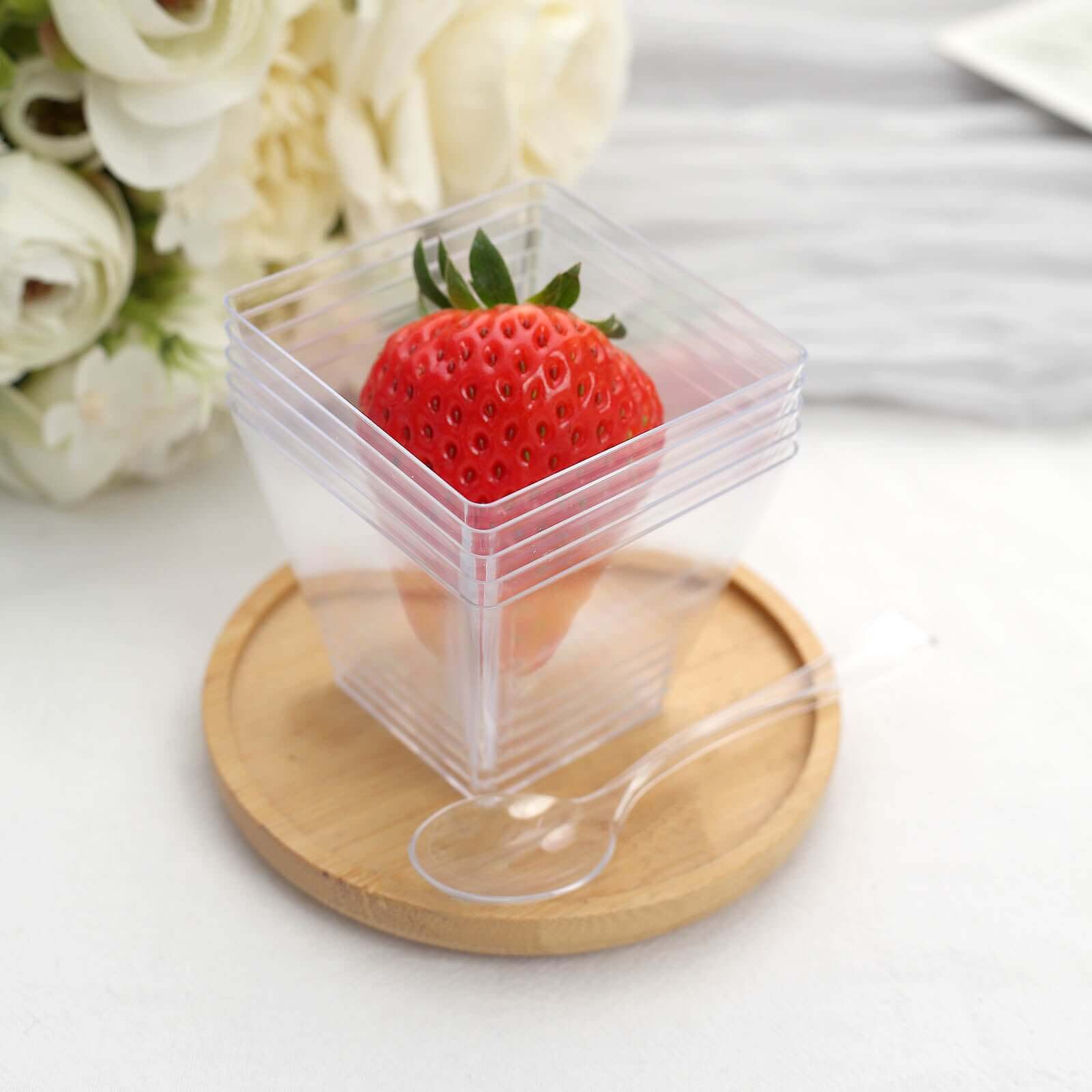 24-Pack Plastic Square Dessert Tumbler Cup Clear - Disposable Snack Serving Cups with Lid and Spoon Set for Parties, Catered Events & Buffets 4oz