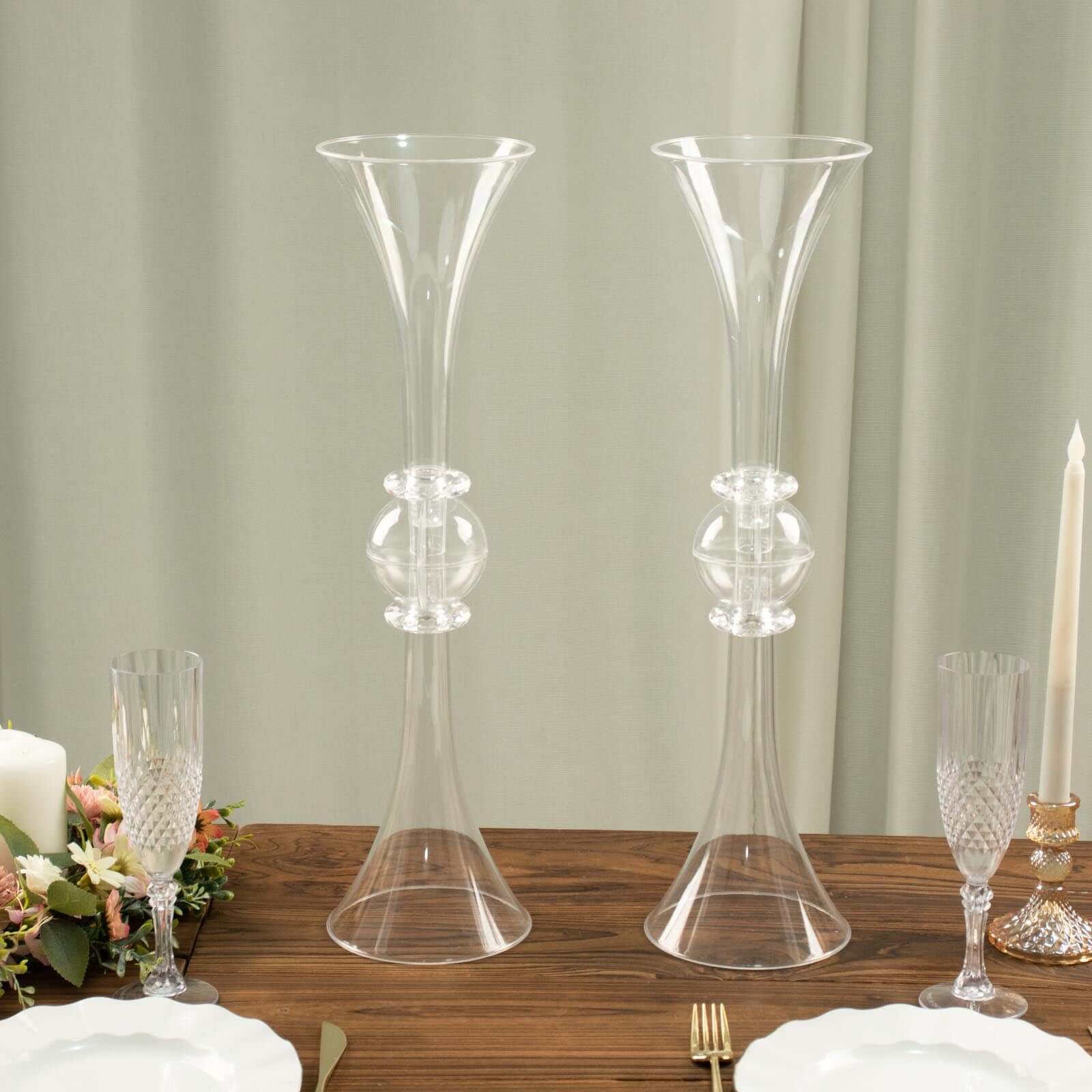 2-Pack Flower Vases Trumpet Design with Crystal Embellishments Clear - Reversible Plastic Table Centerpieces 21"