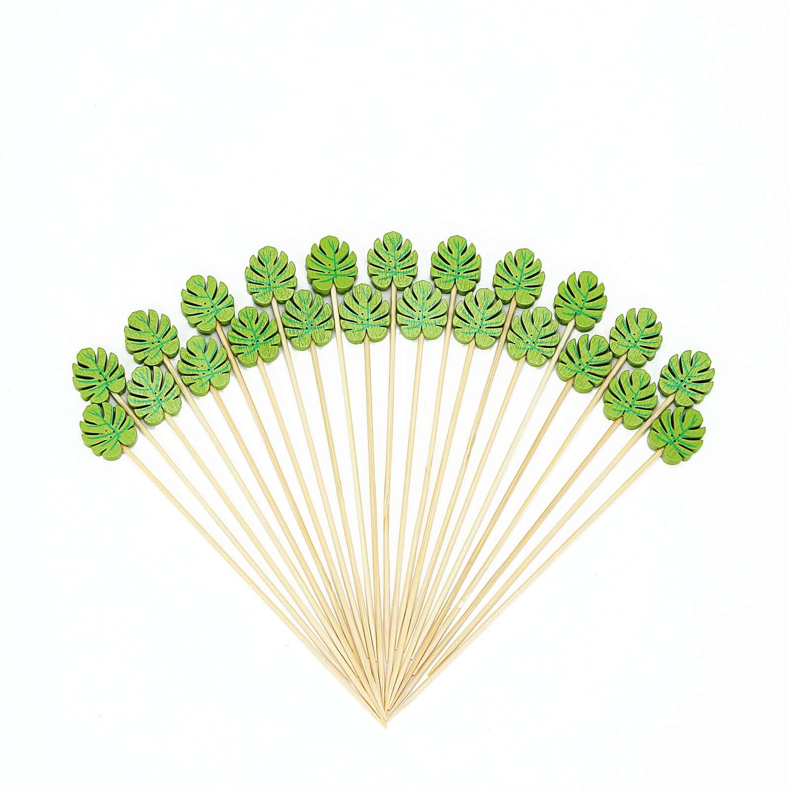 100-Pack Bamboo Cocktail Sticks Tropical Leaf Decorative Top Design - Eco Friendly Party Picks 5"
