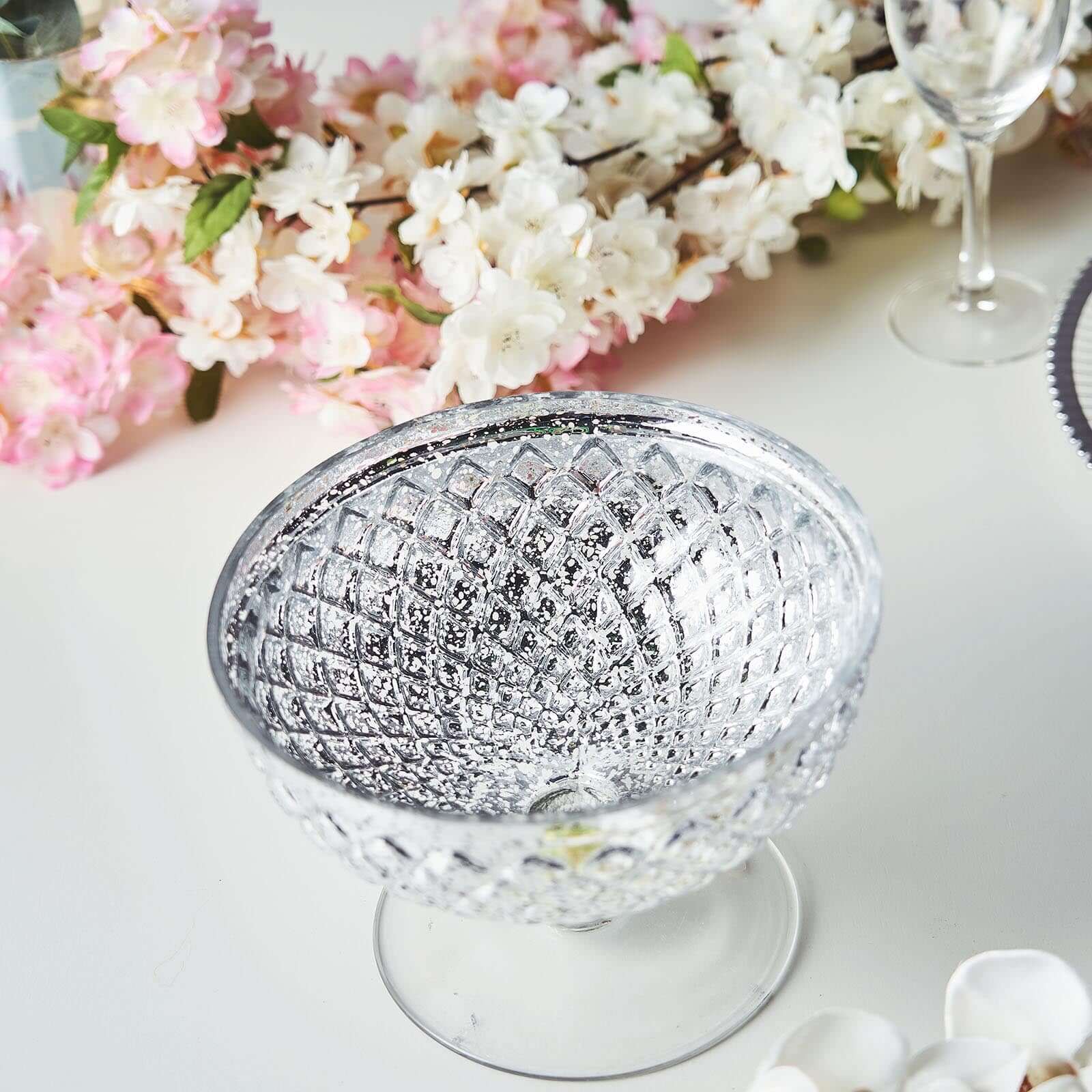 Mercury Glass Pedestal Bowl Vase Compote Style Silver - Sophisticated Floral Table Decor for Events 8"