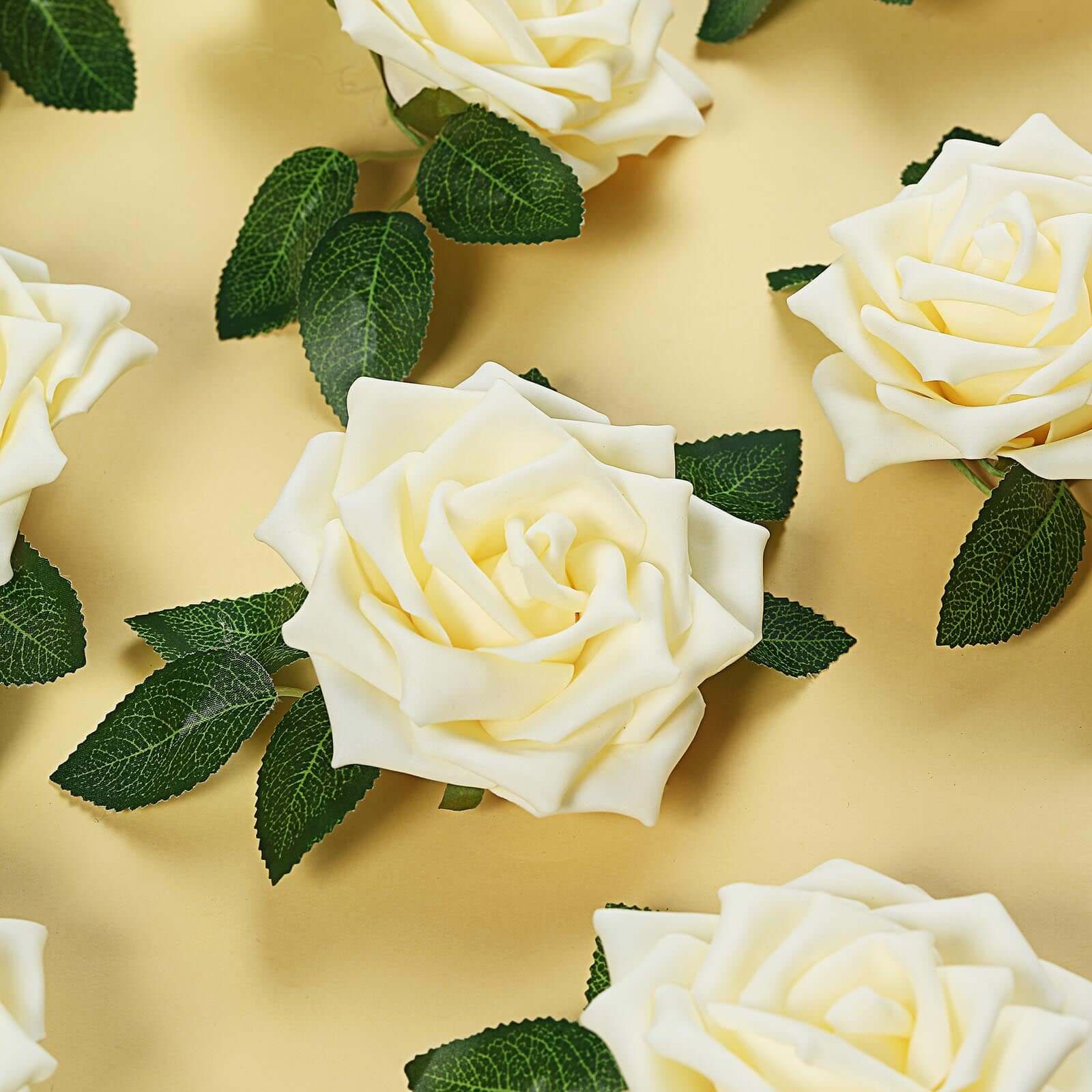 24 Roses 5" Cream Artificial Foam Flowers With Stem Wire and Leaves