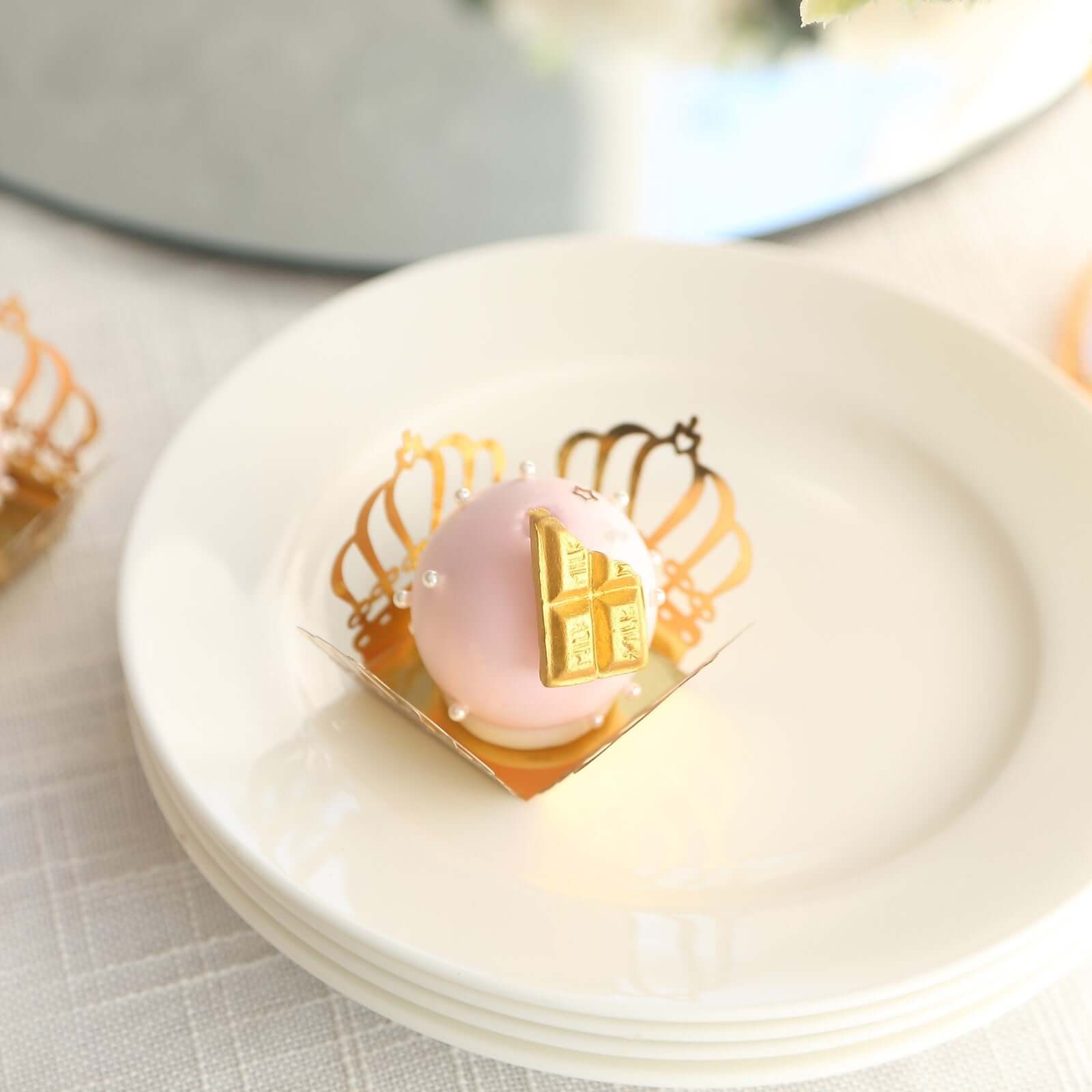 50-Pack Mini Paper Truffle Cup Liners Crown Square Design Metallic Gold - 225GSM Cupcake Tray Wrappers 4"
