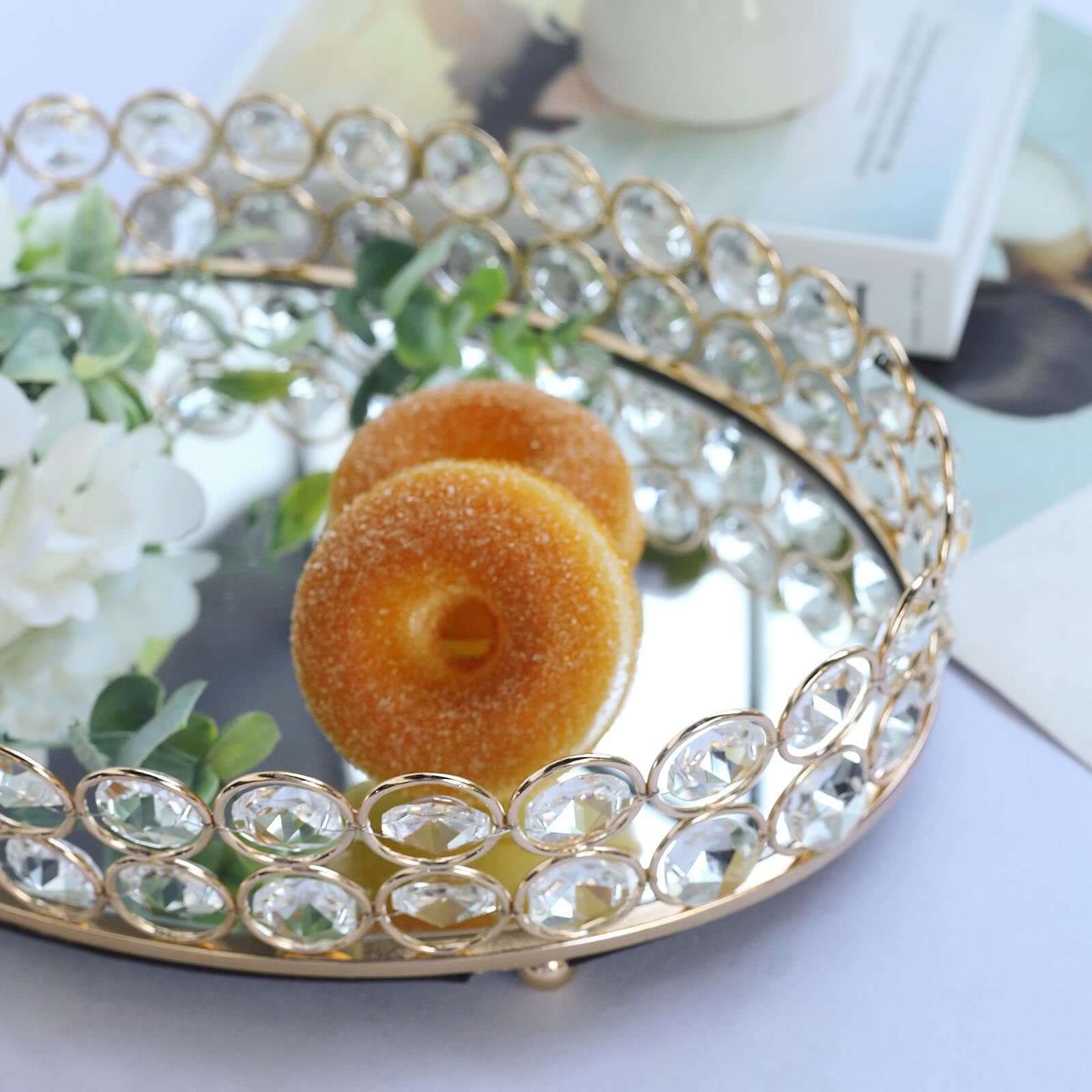 Metal Mirrored Oval Serving Tray 12"x8" in Gold with Crystal Beads, Glamorous Decorative Vanity Tray Centerpiece