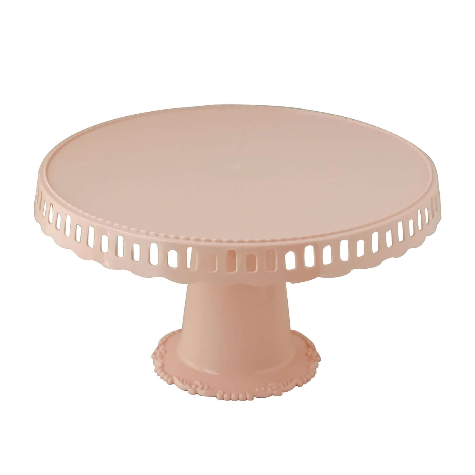 4-Pack Plastic Round Pedestal Cake Stands Blush - Reusable Cupcake Pastry Display Risers with Hollow Ribbon Trim Edges for Stylish Dessert Presentation 13"