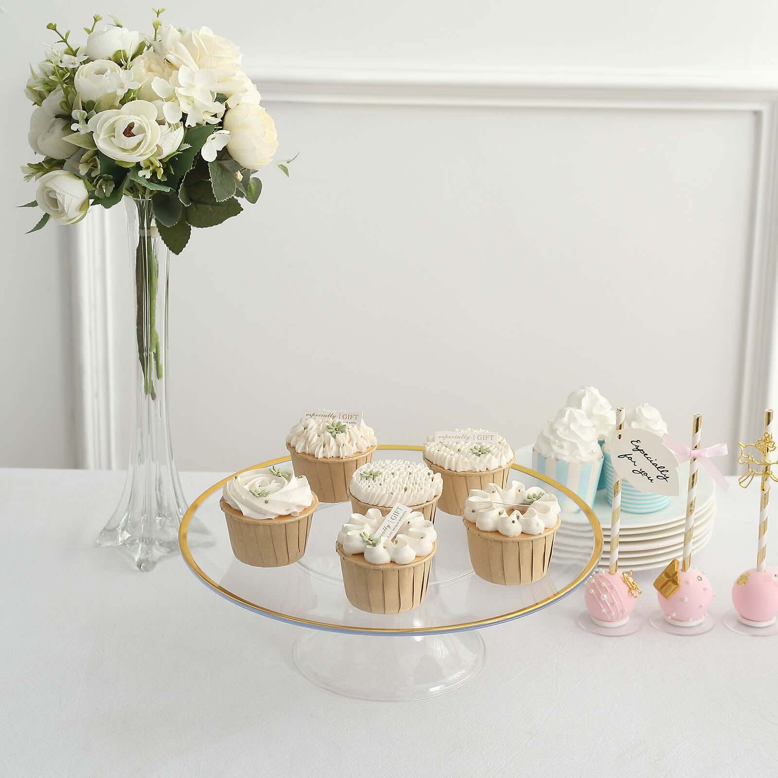 2-Pack Plastic Pedestal Cake Stands 12"Clear with Gold Rim - Classy Reusable Cupcake Dessert Display Riser for Home & Event Use