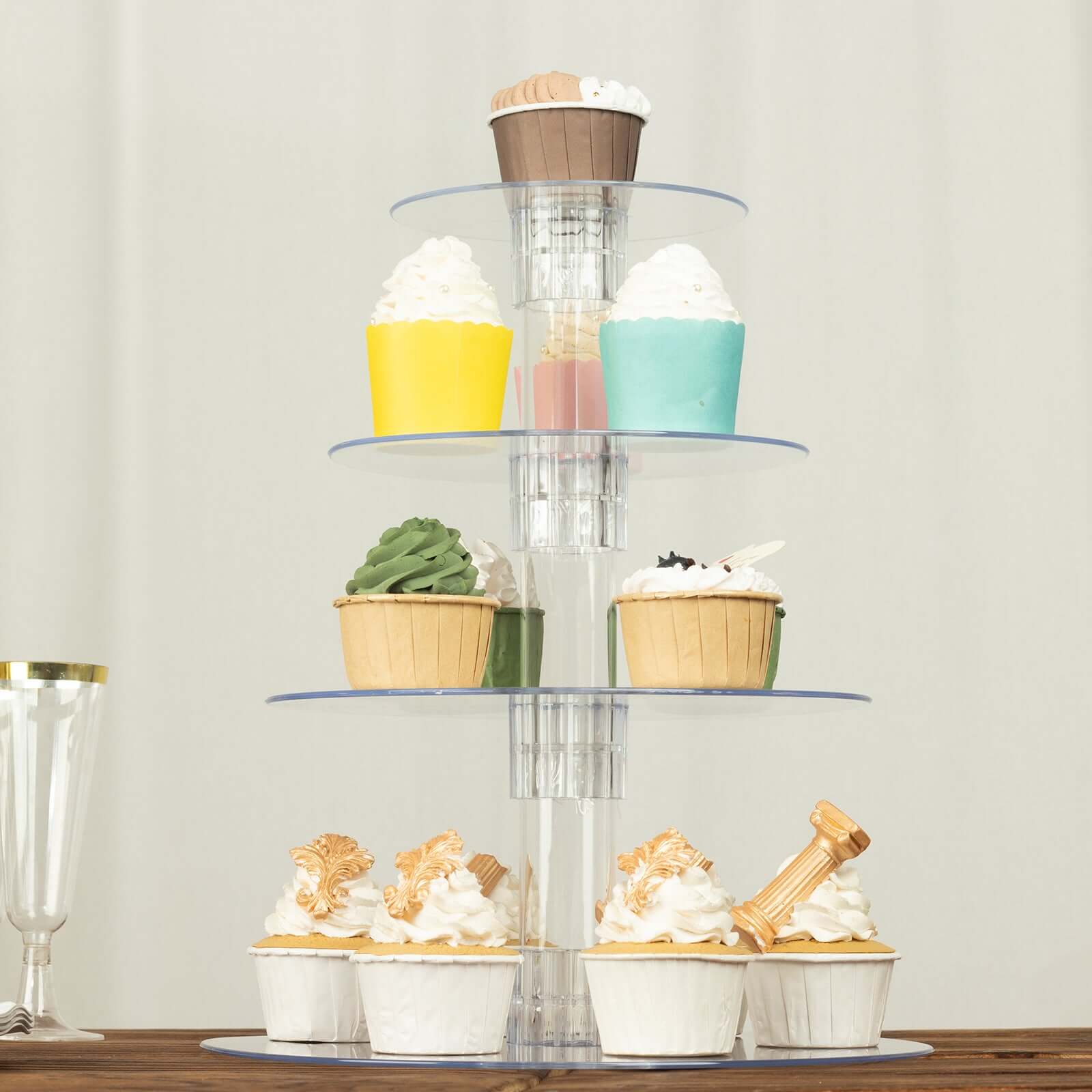 4-Tier Acrylic Round Cupcake Stand Clear - Heavy Duty Easy To Assemble Dessert Tower Holder Pastry Display with Film Sheets for Modern Minimalist Buffet Party Tables 14"