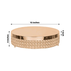 Metal Cake Stand Pedestal Crystal Beaded Design Gold - Cupcake Display and Dessert Riser 16"