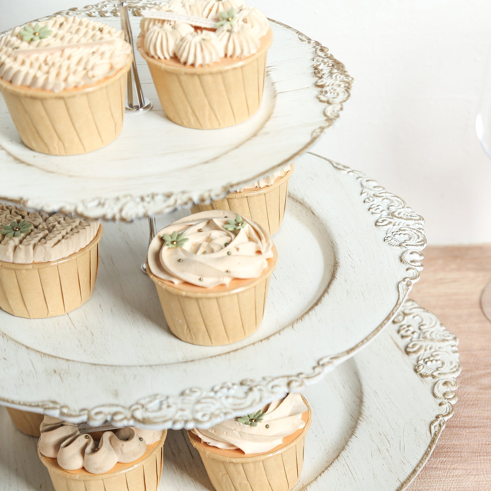 3-Tier Plastic Round Cupcake Stand Whitewashed - Vintage-Inspired Reusable Dessert Display Holder Tea Party Serving Tray Platter with Antique Gold Baroque Rim & Top Handle 13"