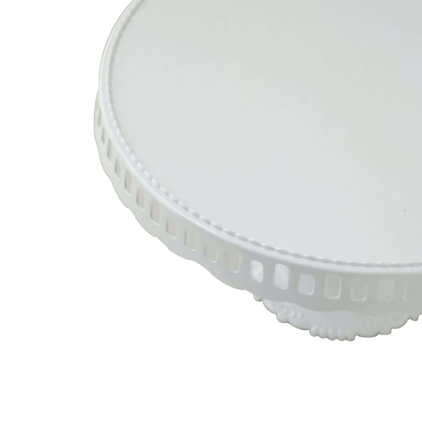 4-Pack Plastic Round Pedestal Cake Stands White - Reusable Cupcake Pastry Display Risers with Hollow Ribbon Trim Edges for Stylish Dessert Presentation 13"