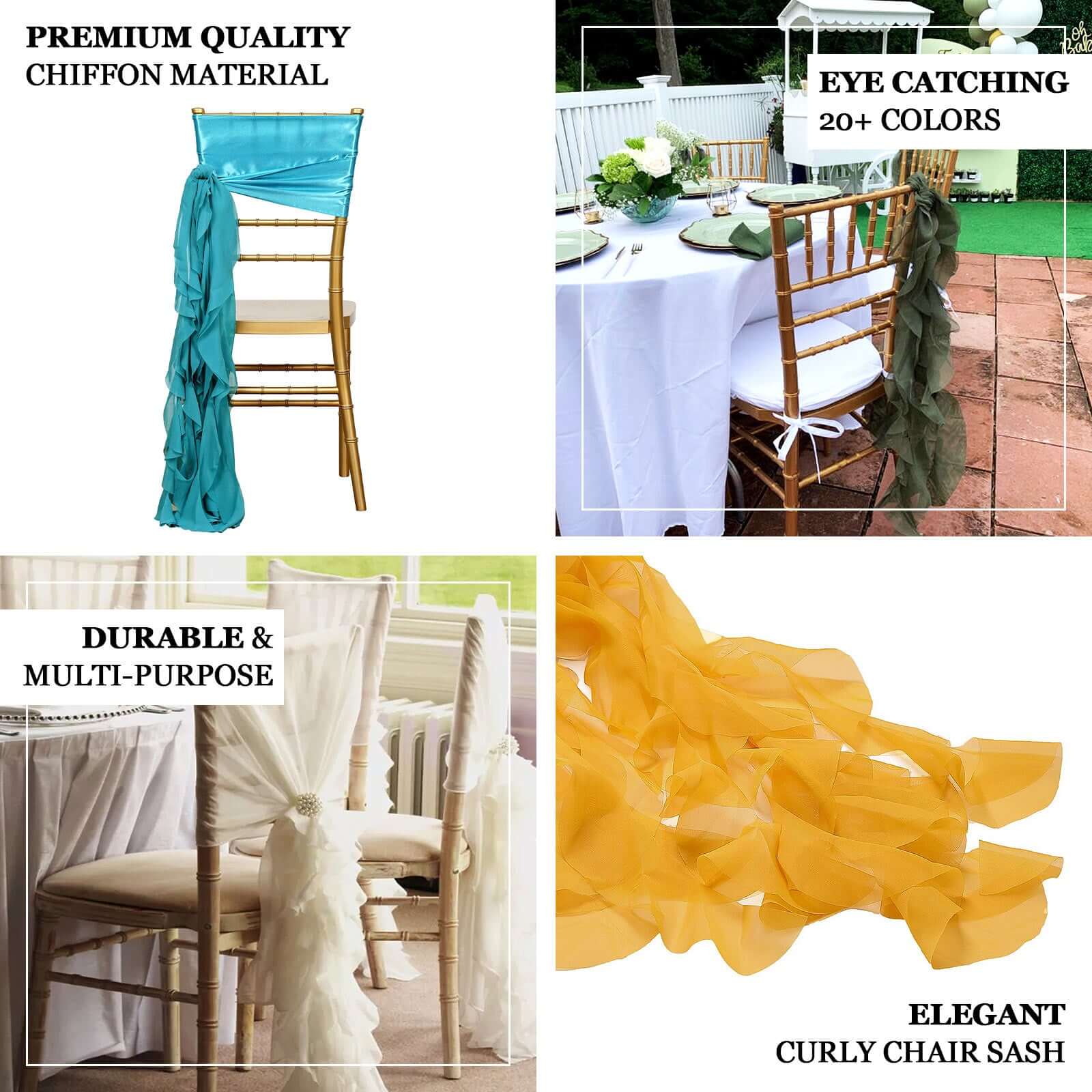Chiffon Chair Sash with Curly Design Turquoise - Stylish Chair Decorations
