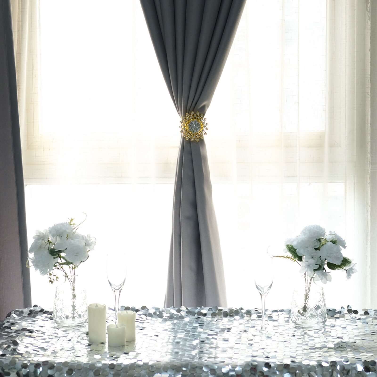 2 Pack 4" Gold Crystal Flower Magnetic Curtain Tie Backs, Backdrop Drapery Panel Buckle Clips