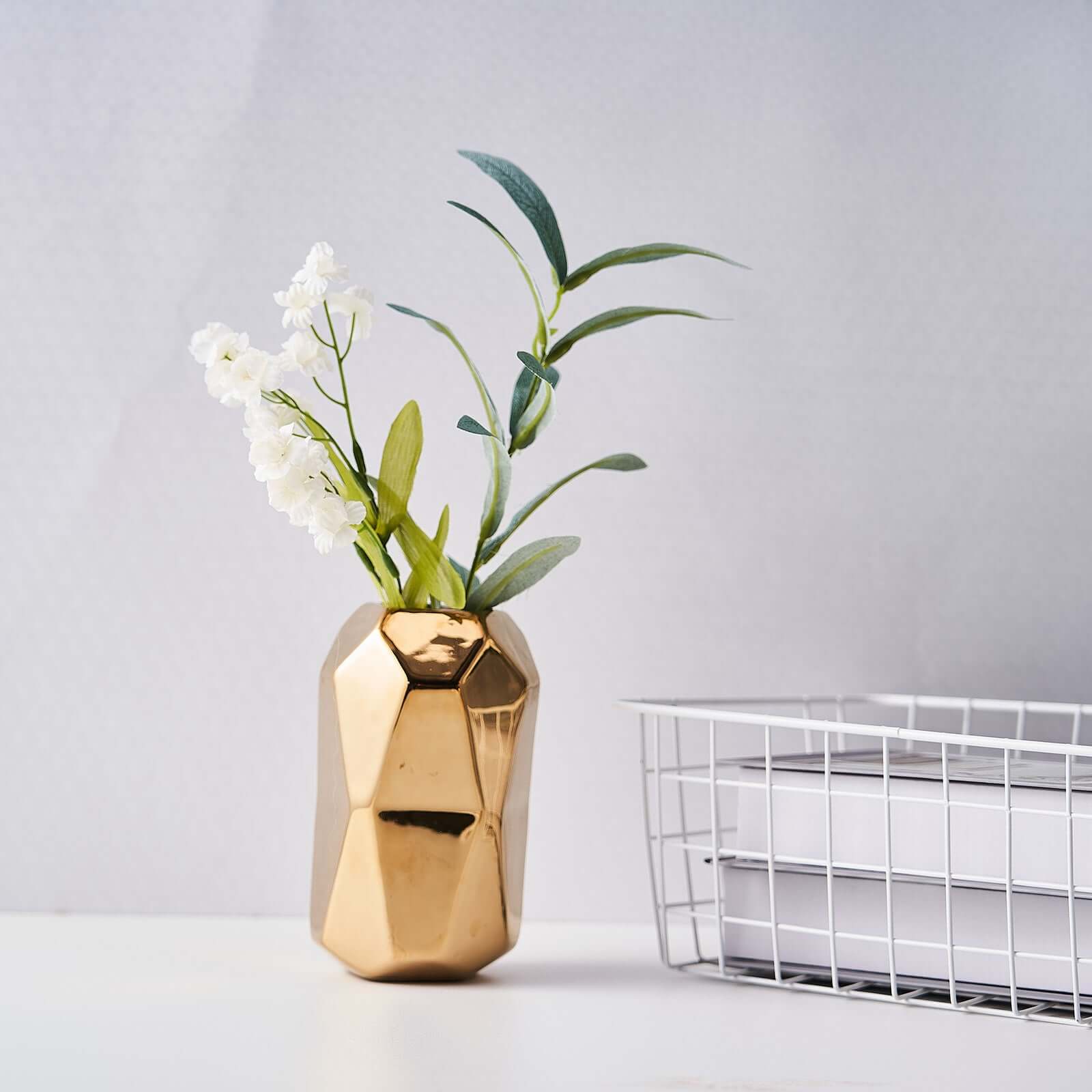 2-Pack Ceramic Cylinder Vases Metallic Gold Geometric - Stylish Modern Decor for Floral Arrangements 6"