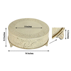 Metal 14" Round Cake Pedestal Stand Matte Gold - Cupcake Dessert Display Riser with Intricate Embossed Design for Upscale Events & Gatherings