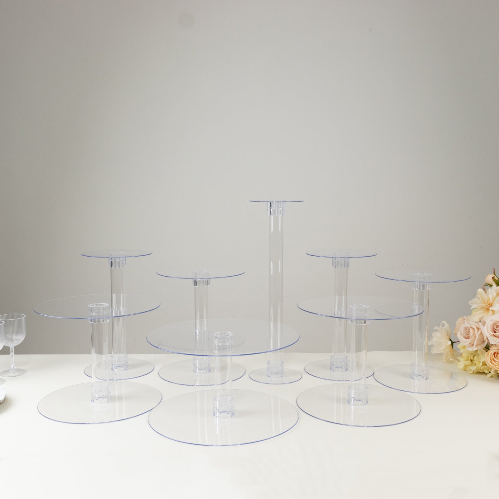 8-Tier Acrylic Cake Stand Set Clear - Sturdy & Lightweight Cupcake Holder Dessert Pedestal Centerpiece Risers in Assorted Sizes for Modern Minimalist Buffet Party Tables