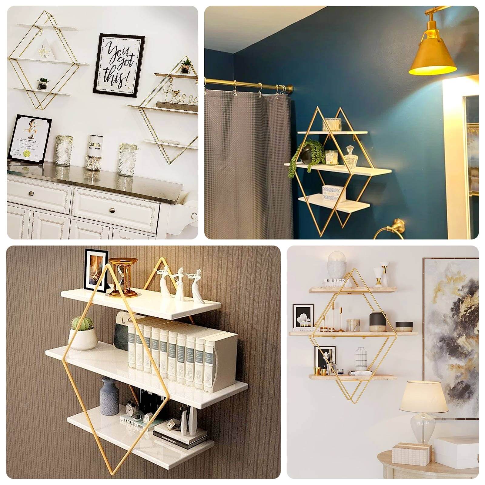 31" Geometric Diamond Shaped 3-Tier Gold Metal Dessert Cupcake Stand Rack, Wall Hanging Display Shelf Display, Book Shelf With White Wood Panels