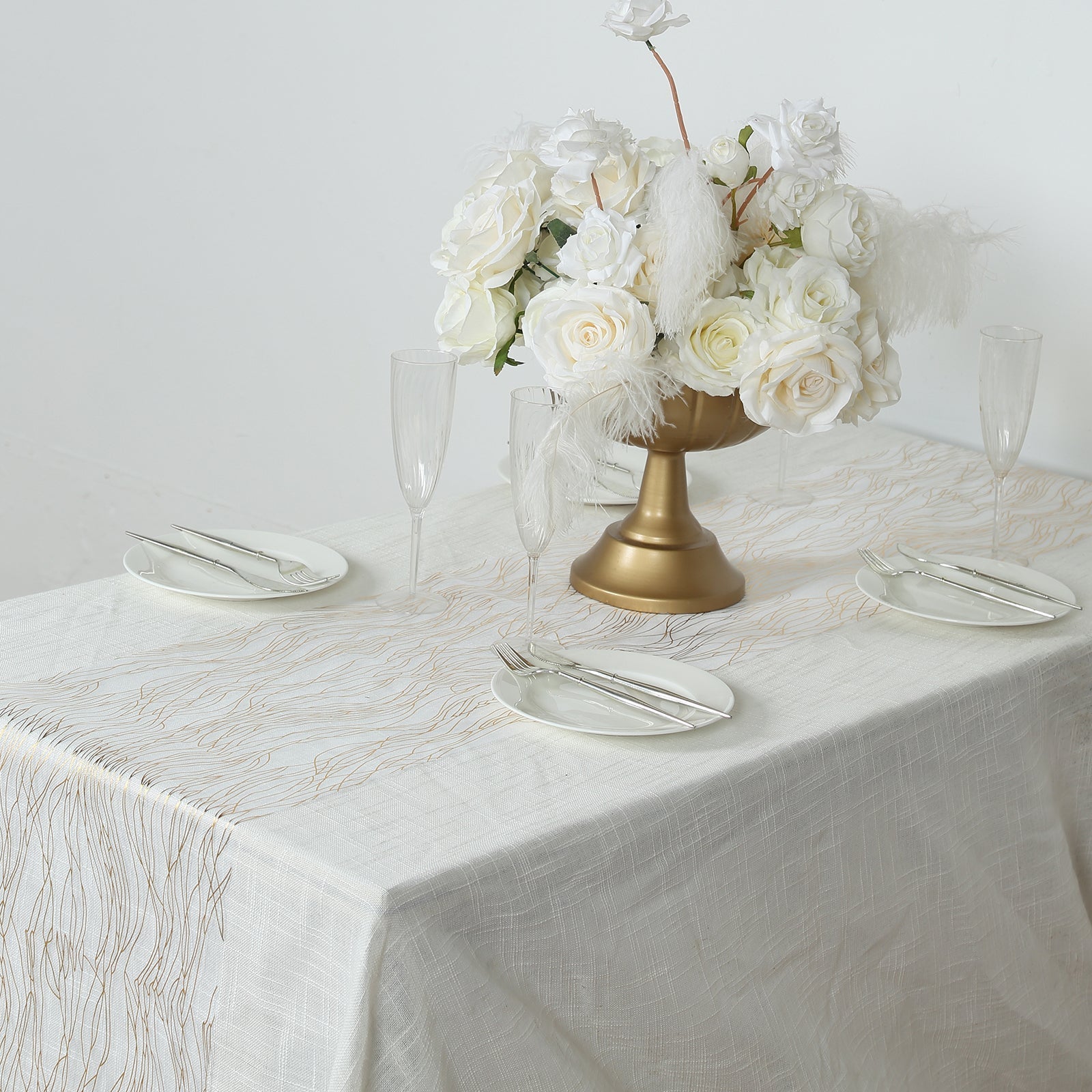 5 Pack Organza 12"x108" Table Runners White with Gold Foil Wave Design - Disposable Stylish Event Decoration