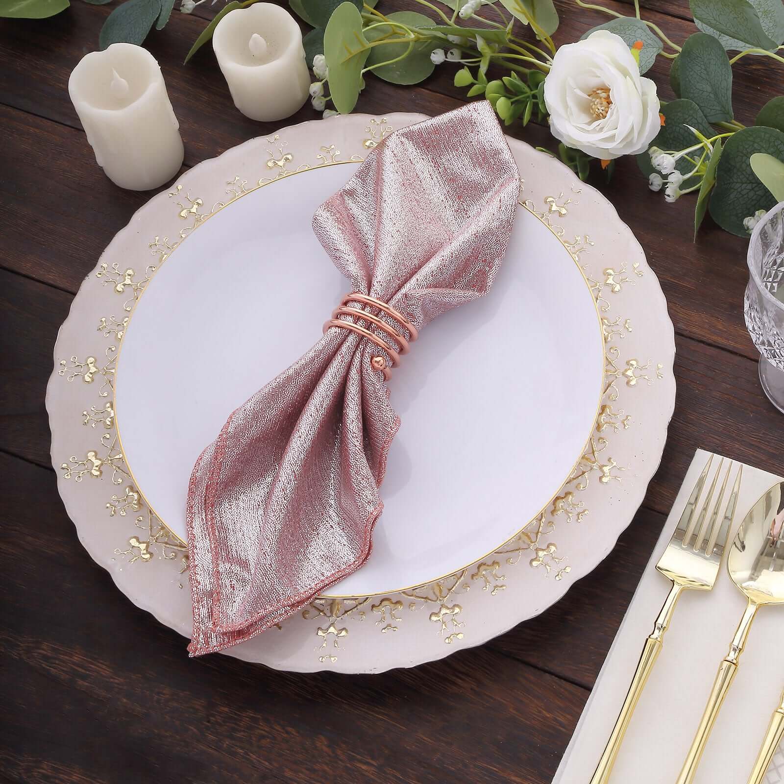 5 Pack Polyester 20"x20" Napkins Rose Gold Shimmer Sequin Dots - Luminous Cloth Napkins