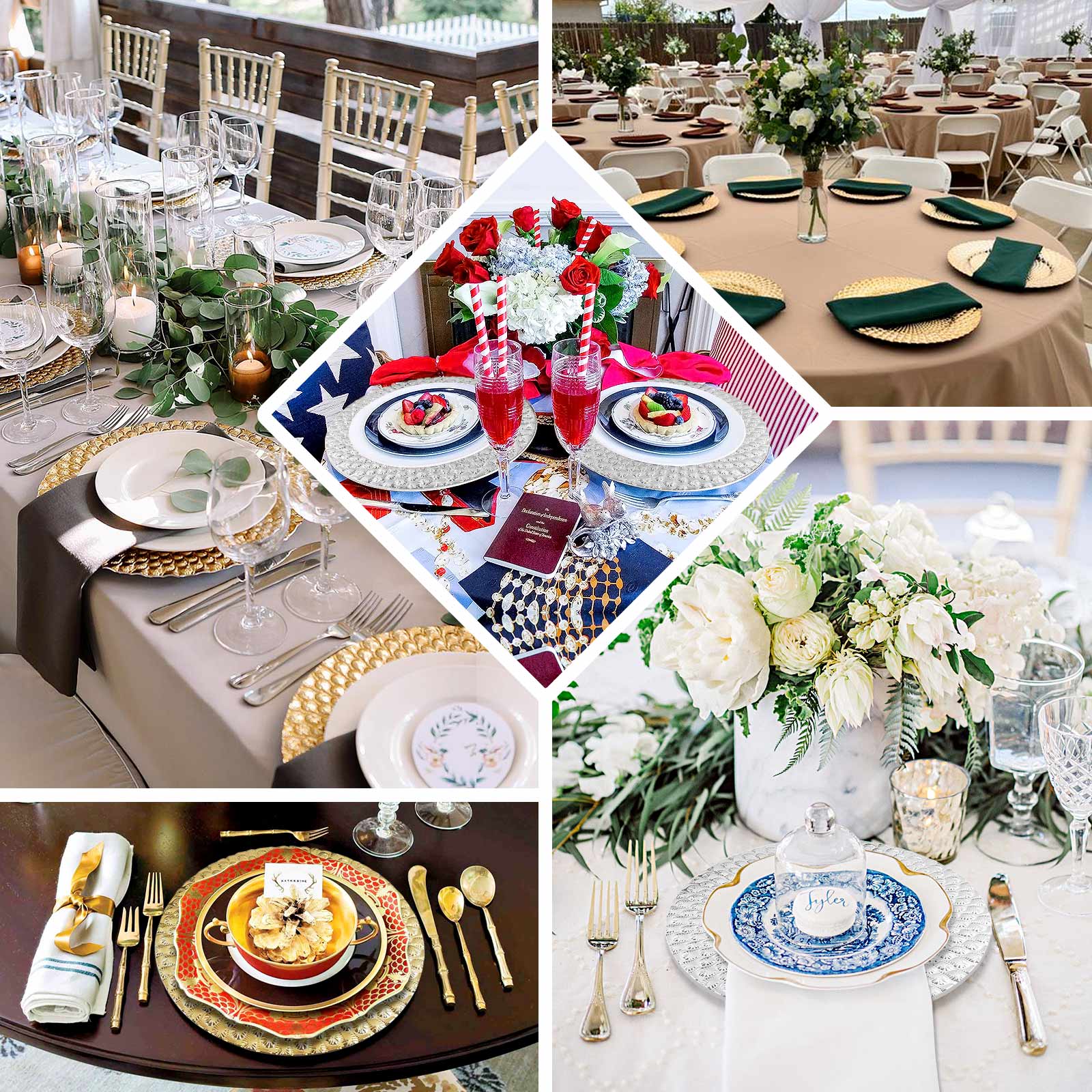 6-Pack Plastic Round Charger Plates 13" in Gold with Peacock Pattern, Exquisite Decorative Dinner Party Charger Tableware