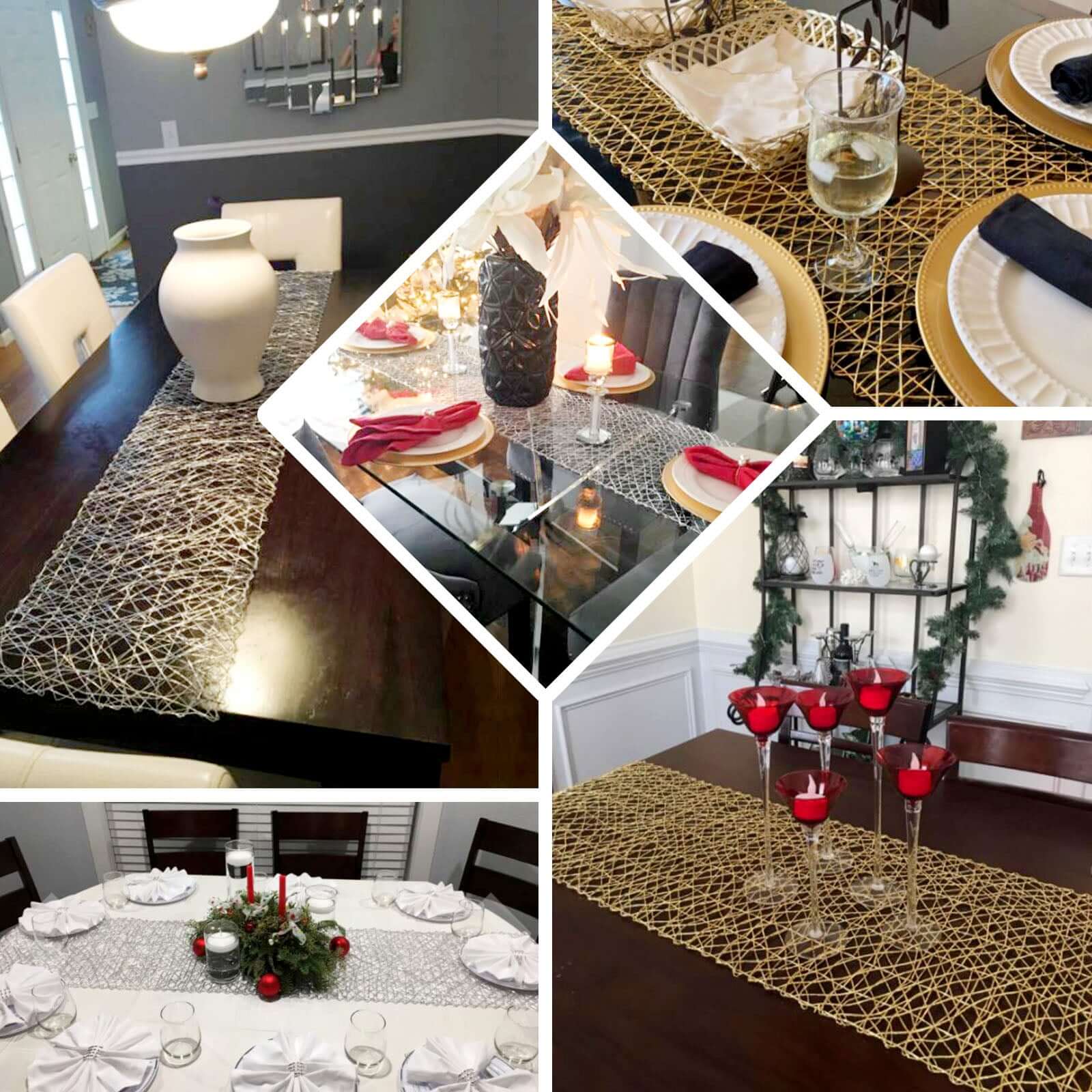 Metallic String Woven 16"x72" Table Runner Silver - Reversible Wire Nest Table Decor