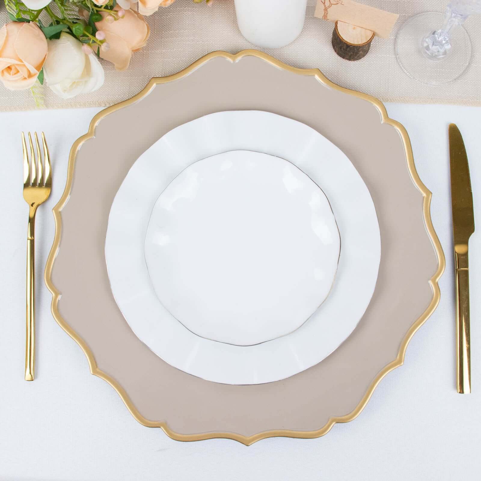 6-Pack Acrylic Round Charger Plates 13" in Taupe with Gold Scalloped Rim, Decorative Dinner Party Plastic Charger Tableware