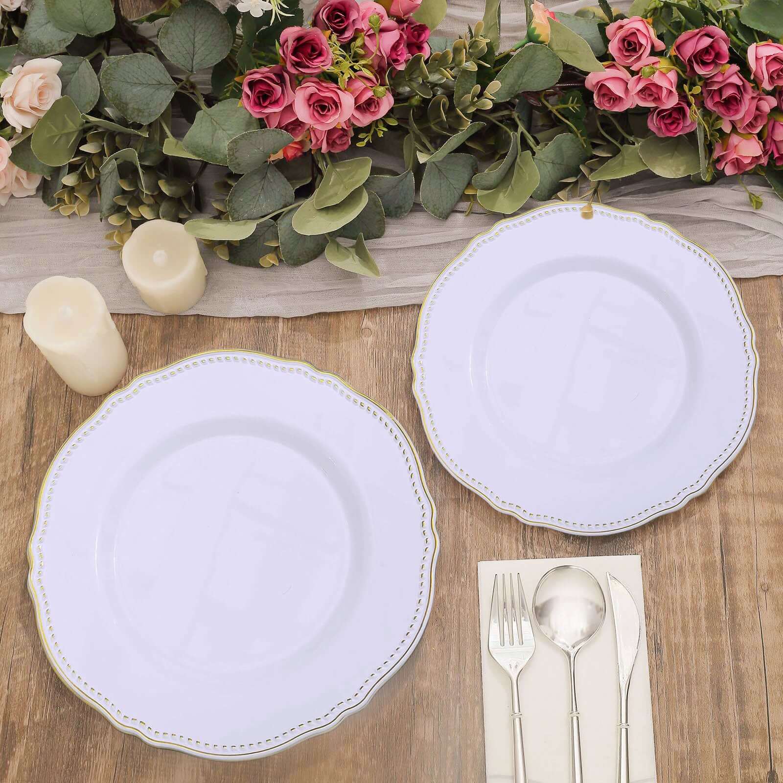 10-Pack Plastic Dinner Plates in White with Gold Scalloped Rim - Disposable Party Plates 9"
