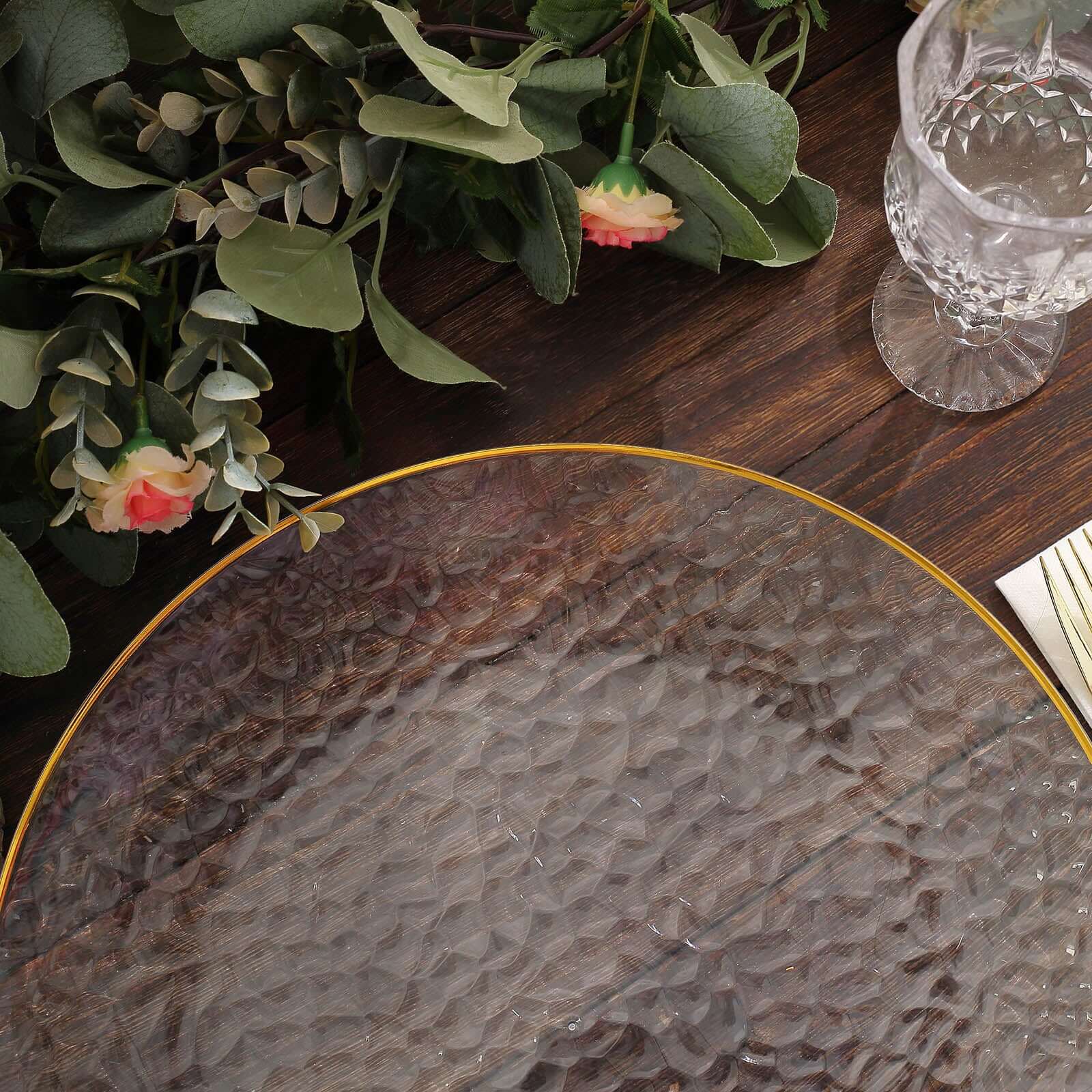 6-Pack Economy Plastic Round Charger Plates 13" in Clear Hammered Design with Gold Rim, Decorative Dinner Party Serving Plates