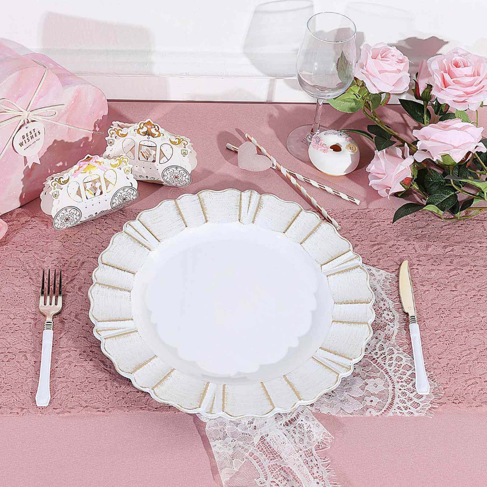 6-Pack Acrylic Plastic Round Charger Plates 13" in White with Gold Brushed Wavy Scalloped Rim, Decorative Dinner Party Charger Tableware