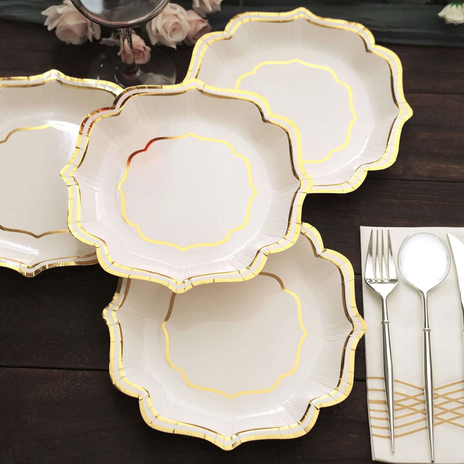 25-Pack Paper Dessert Plates in White with Gold Scallop Rim - Disposable 300GSM Appetizer Salad Plates for Classy Banquets & Celebrations 8"