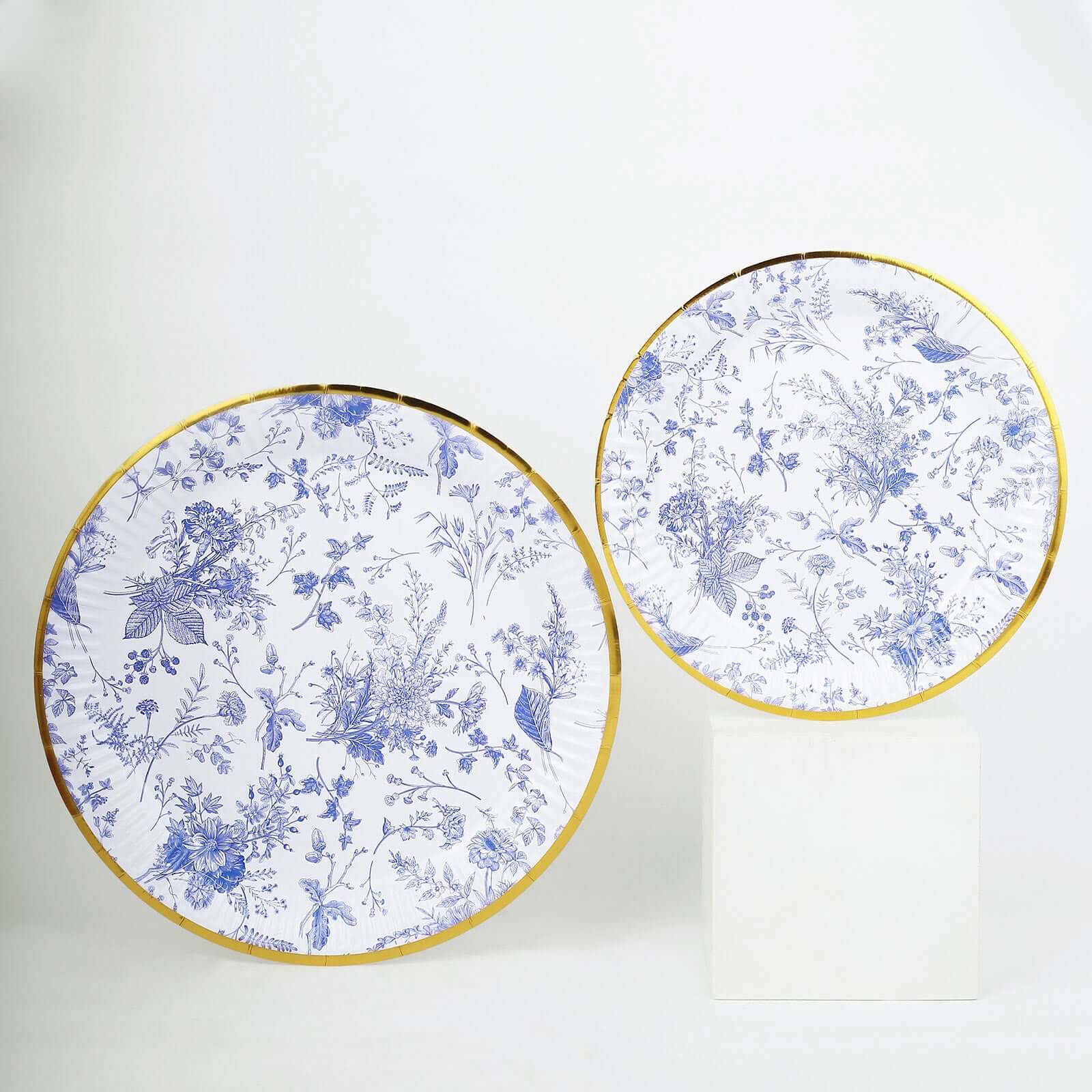 25-Pack Paper 9" Round Dinner Plates in White with Light Blue French Toile Pattern & Gold Rim - Disposable Party Plates for Picnics & Chic Brunches