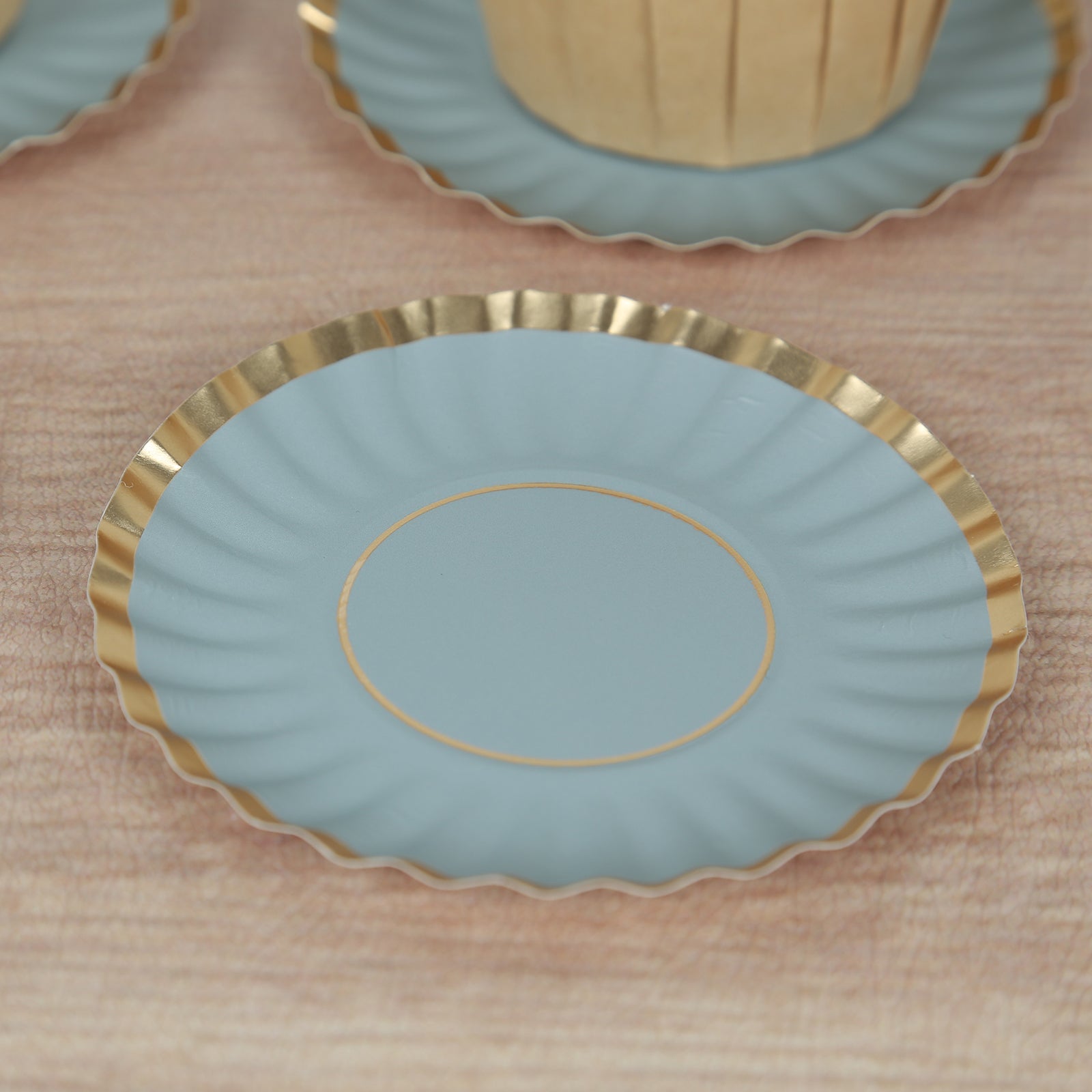50-Pack Paper 3.5" Round Party Plates in Dusty Blue with Gold Scalloped Rim - Disposable Mini 250GSM Dessert Plates for Tapas, Appetizers & Finger Foods