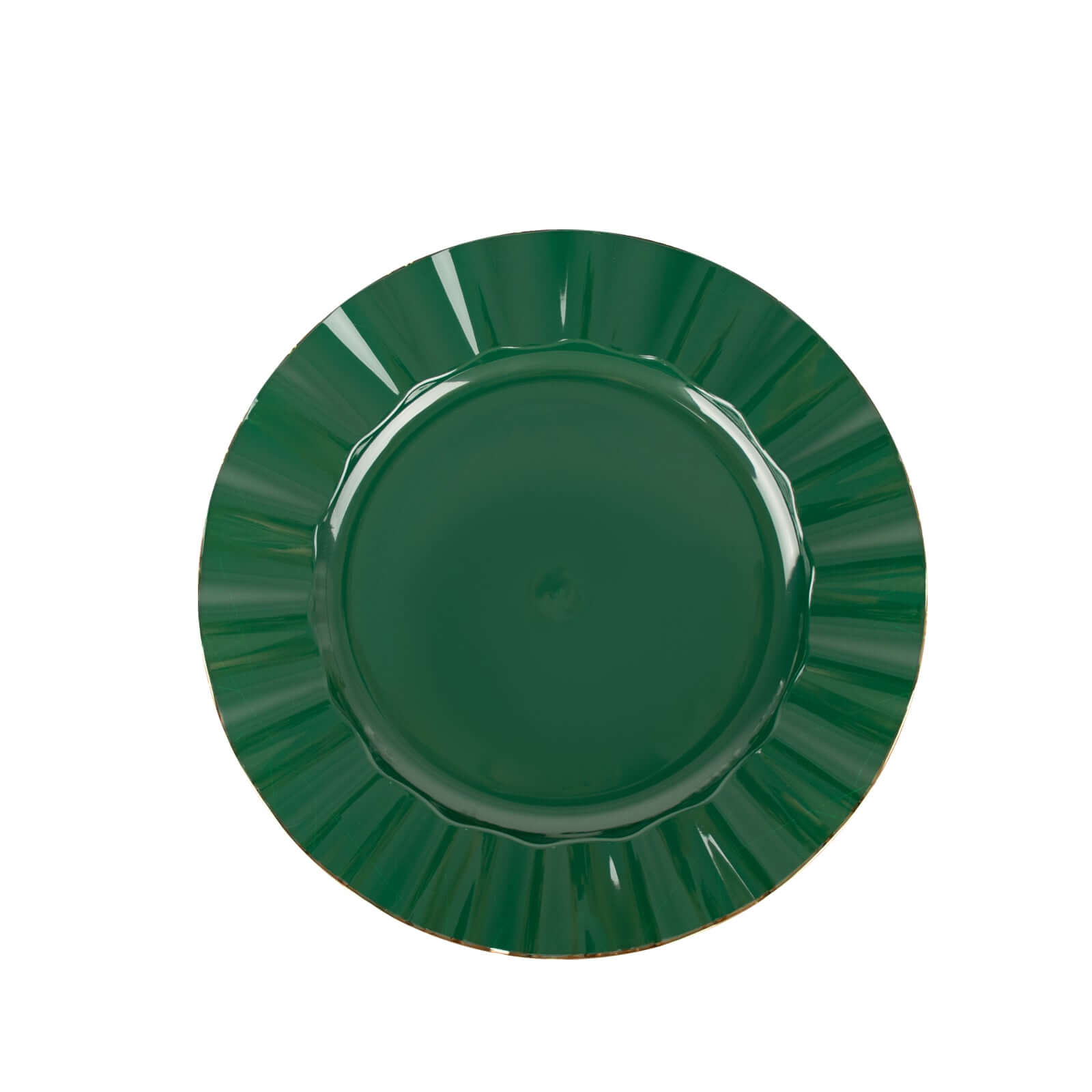 10-Pack Plastic 9" Round Dinner Plates in Hunter Emerald Green Ruffled Rim with Gold Edging - Sturdy Disposable Dinnerware