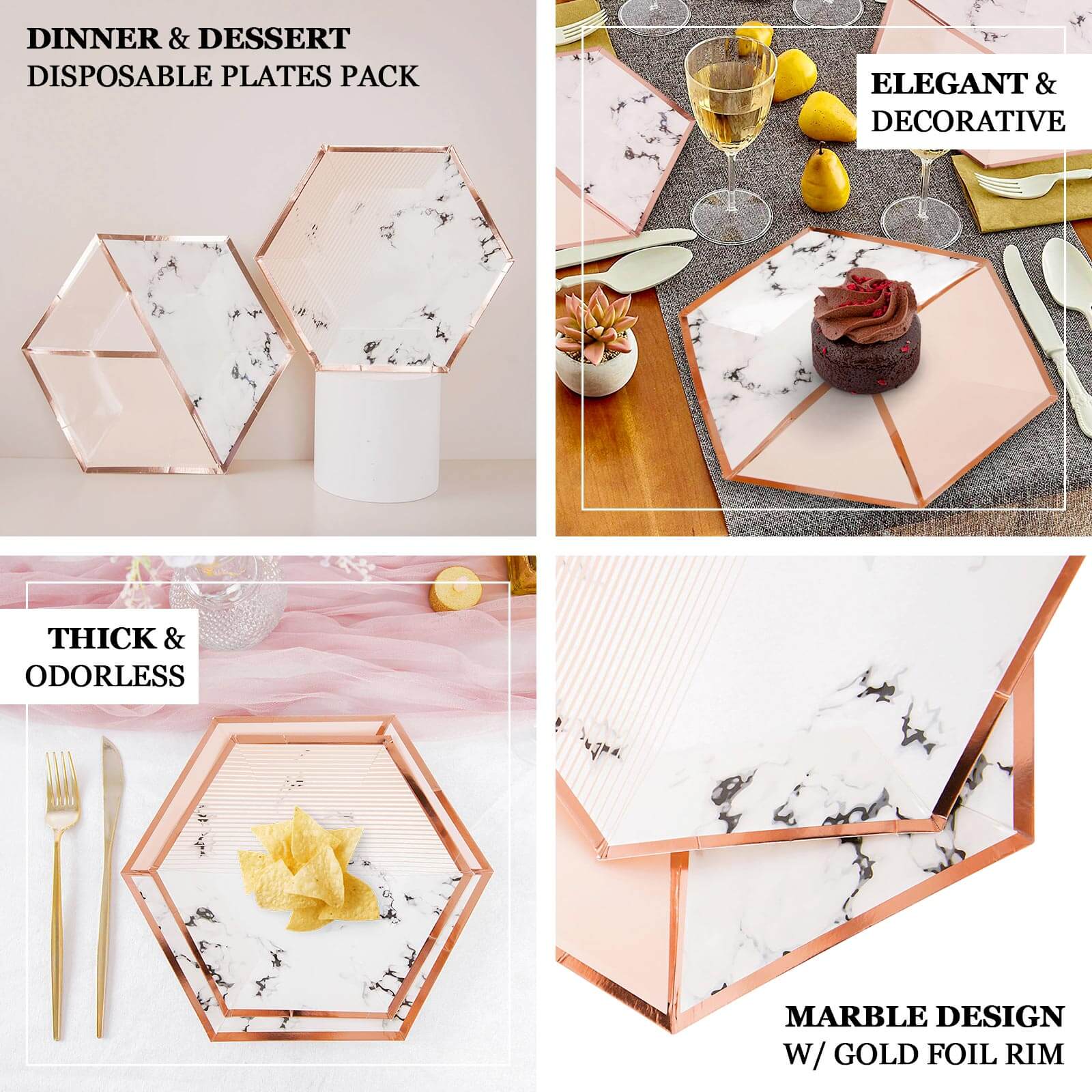50-Pack Paper Hexagon Dinner and Dessert Plates in Blush with Marble Design & Rose Gold Foil Rim - Chic Disposable Geometric Party Plates Set for 25 Guests 8", 10"