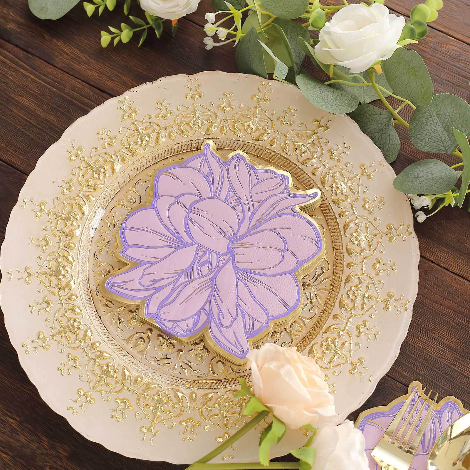 20-Pack Paper Cocktail Napkins with Purple Peony Flower Shape and Gold Edges - Stylish Disposable Party Napkins