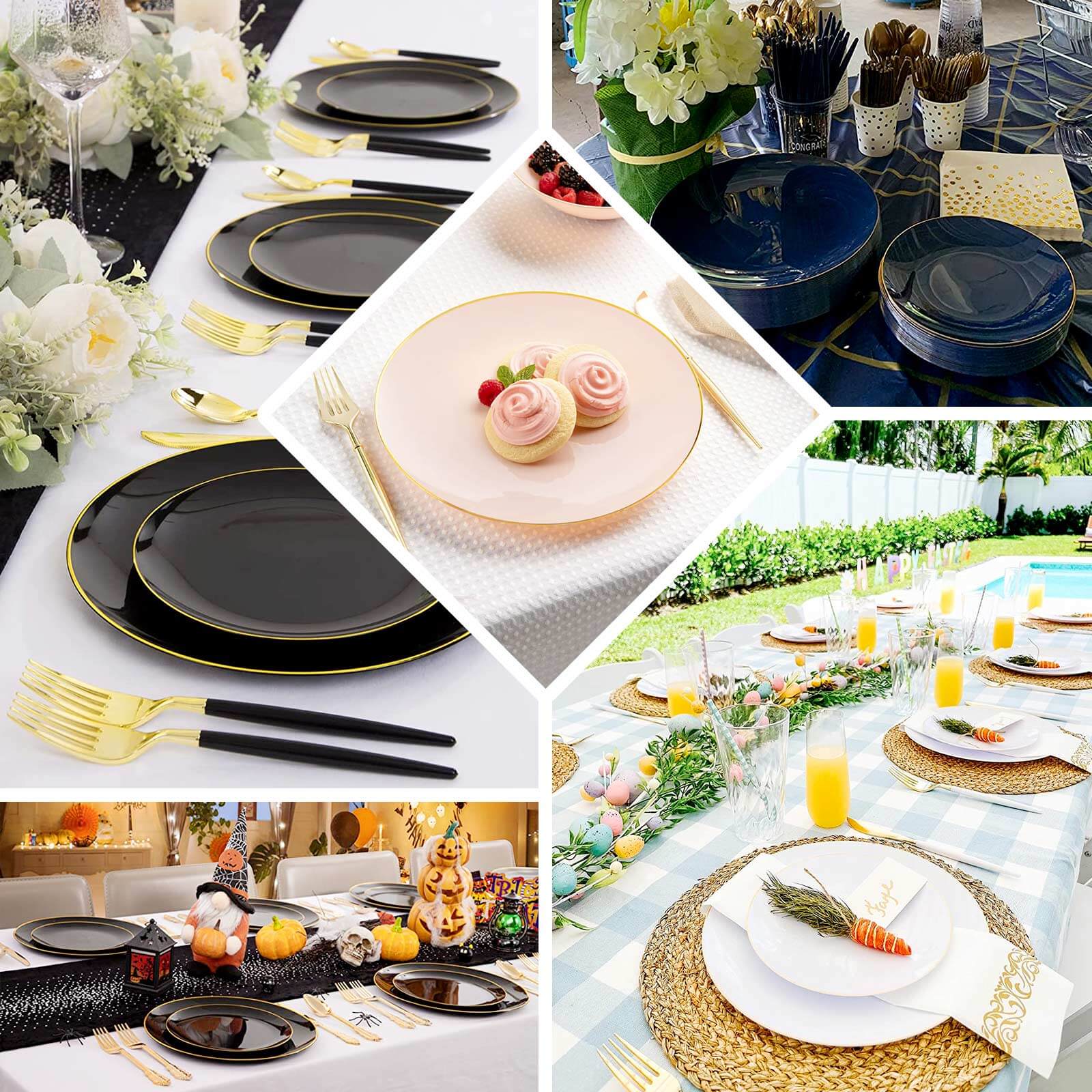 10-Pack Plastic 8" Round Dessert Plates in Hunter Emerald Green with Gold Rim - Glossy Disposable Appetizer Salad Plates