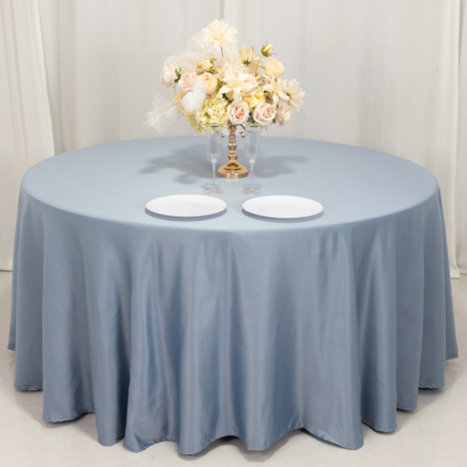 Lamour Satin 120" Round Tablecloth Dusty Blue - Seamless Table Cover with Soft Tempered Sheen
