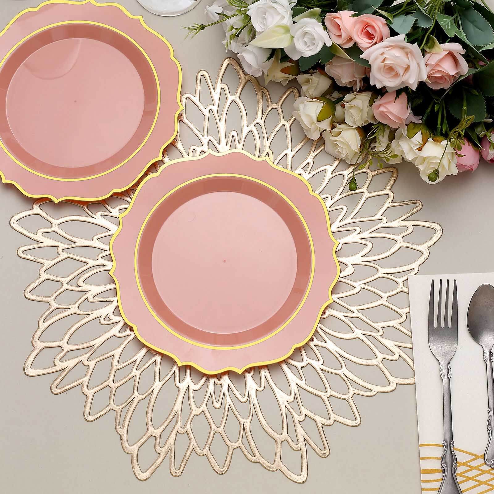 10-Pack Plastic 8" Round Desert Plates in Dusty Rose with Gold Scalloped Rim - Disposable Appetizer/Salad Plates