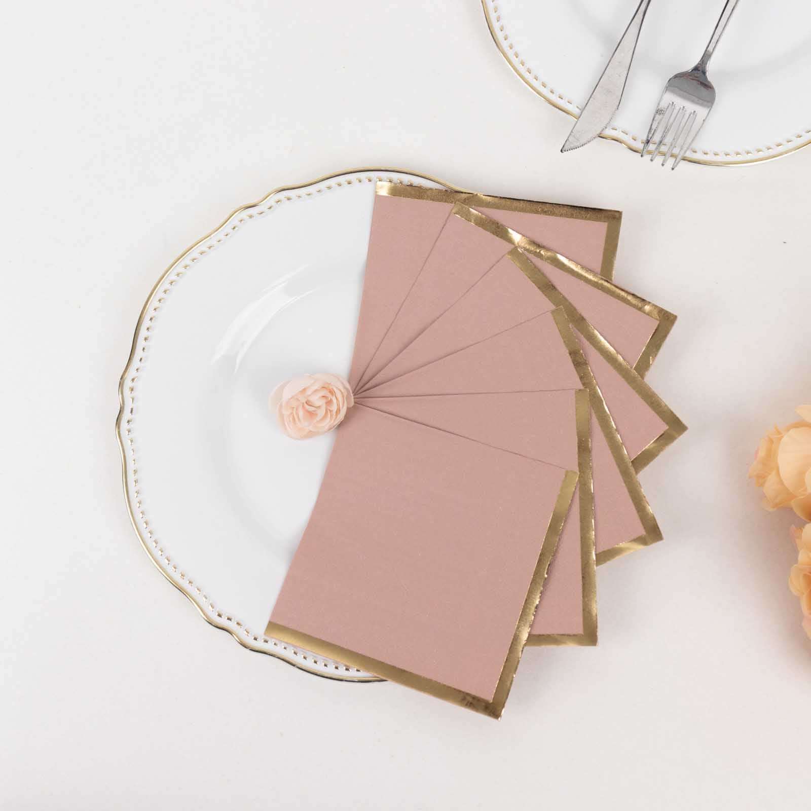 50-Pack Paper Beverage Napkins Dusty Rose with Gold Foil Edge - 2 Ply Disposable Soft 18GSM Cocktail Napkins 5"x5"
