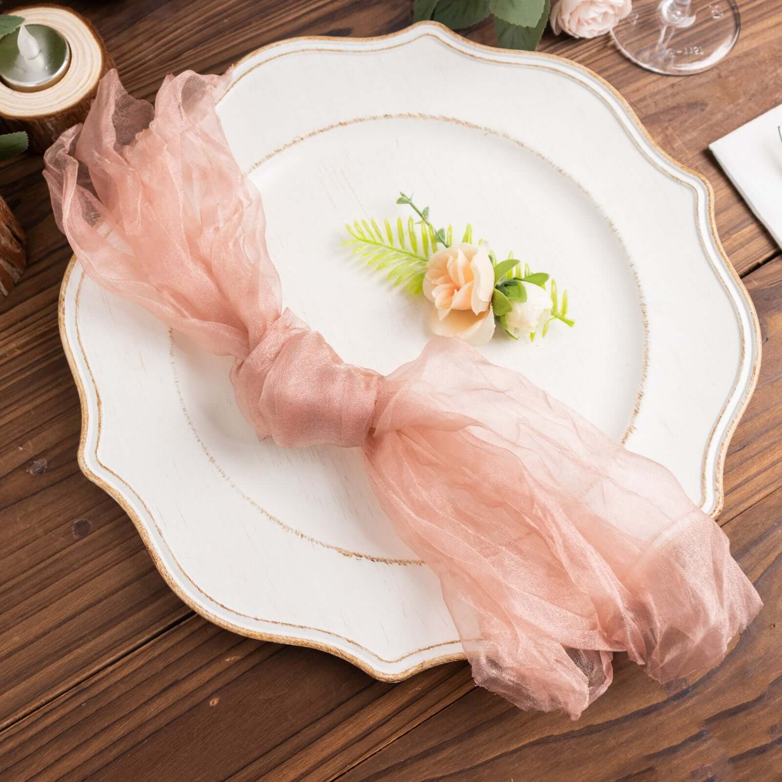5 Pack Crinkled Organza 21"x21" Napkins Dusty Rose - Rustic Style Dinner & Party Napkins