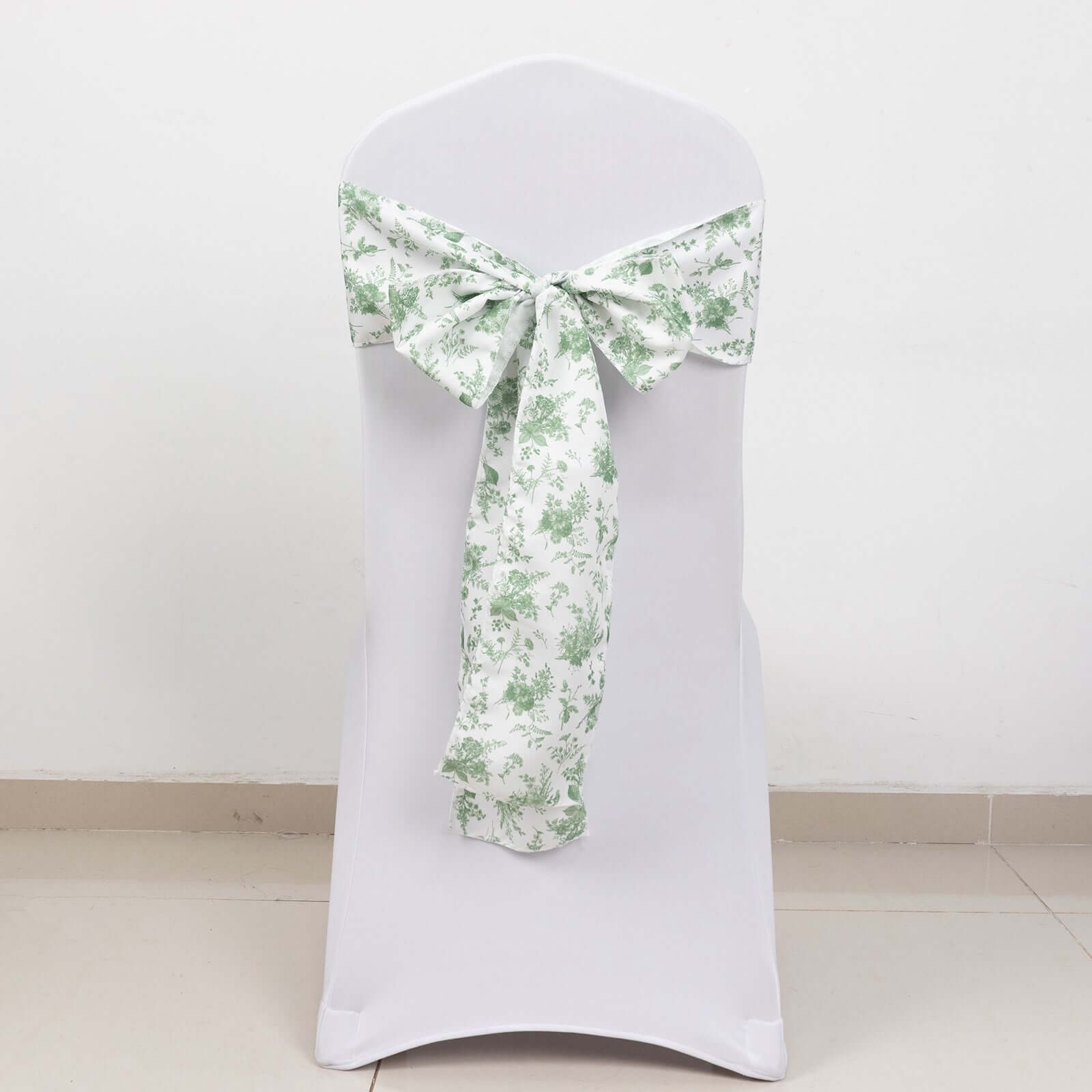 5 Pack Polyester Chair Sashes Dusty Sage Green French Toile Floral Design - Stylish Durable and Reusable Chair Bows 6"x108"
