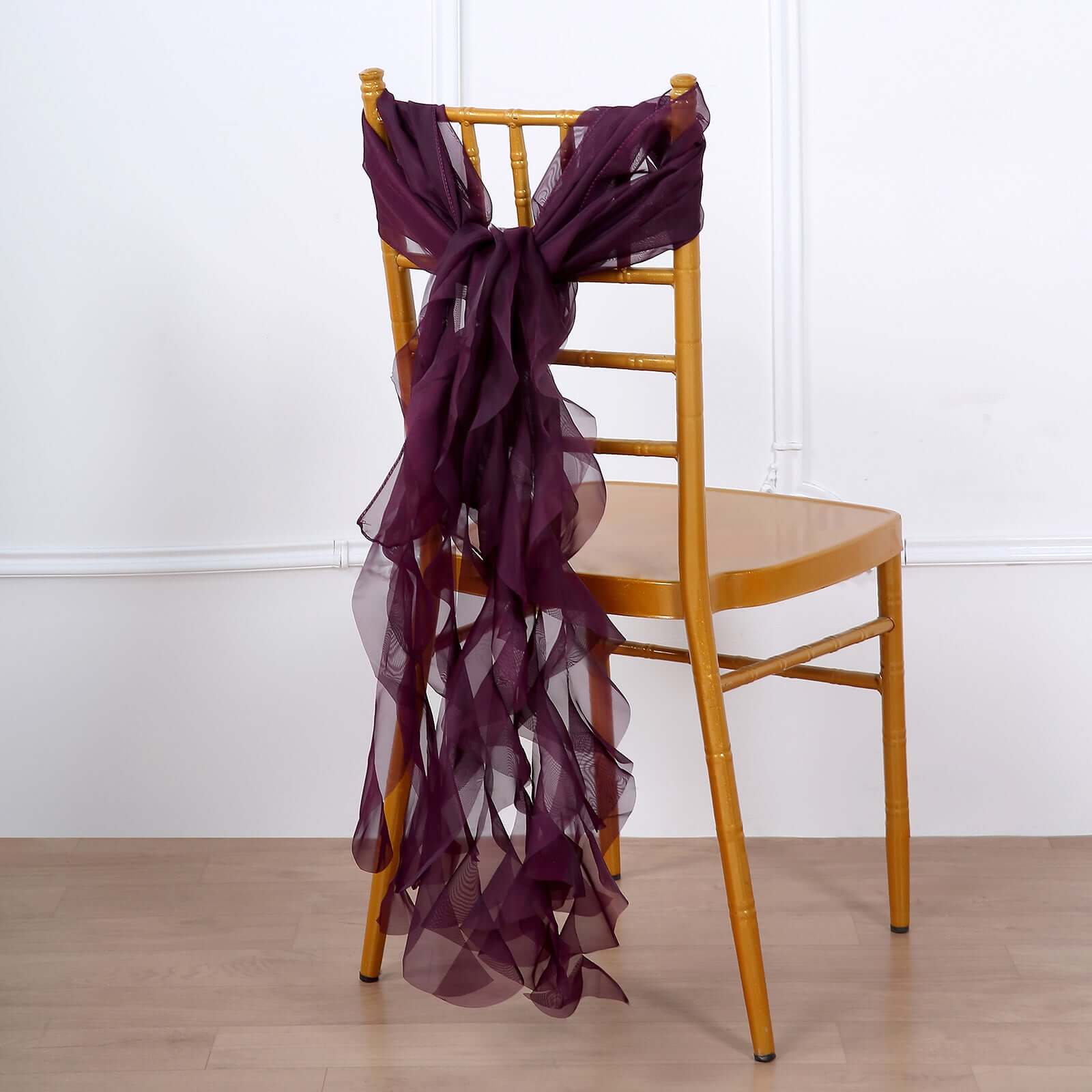 1 Set Chiffon Hoods Chair Sashes with Willow Ruffles Design Eggplant - Stylish Chair Bow Decor