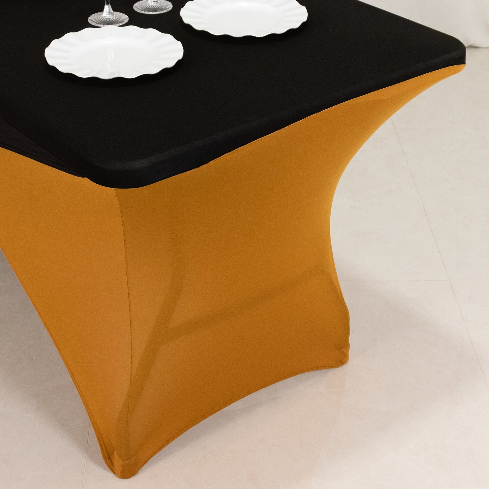 Stretch Spandex 72"x30" Rectangle Table Cover Black/Gold Cross Over Design - Two-Piece Fitted Tablecloth with Elastic Foot Pockets