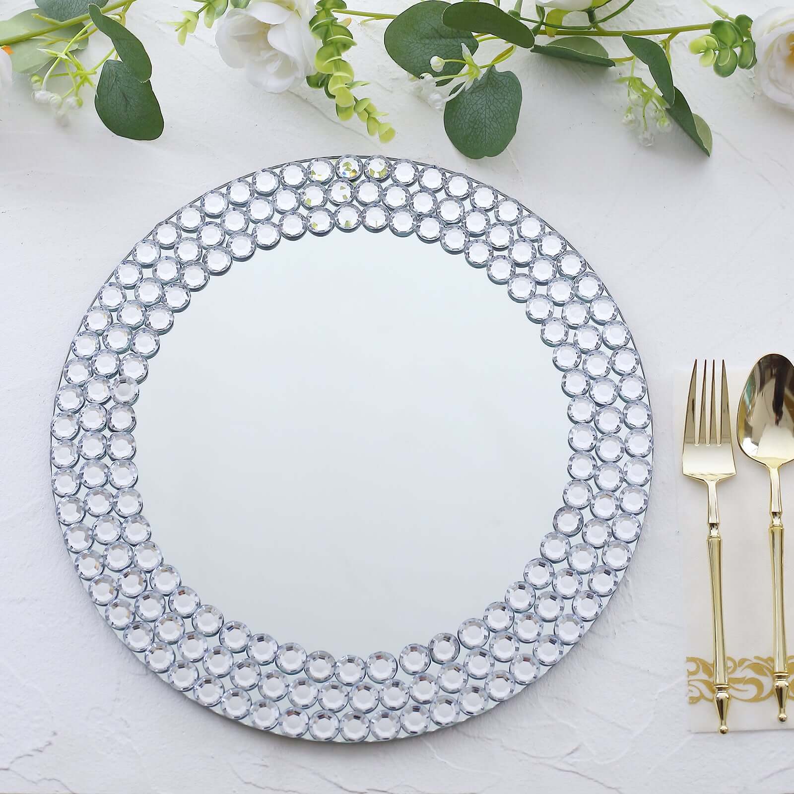 2-Pack Mirror Glass Round Charger Plates 13" with Silver Mirror Diamond Beaded Rim, Upscale Decorative Chargers