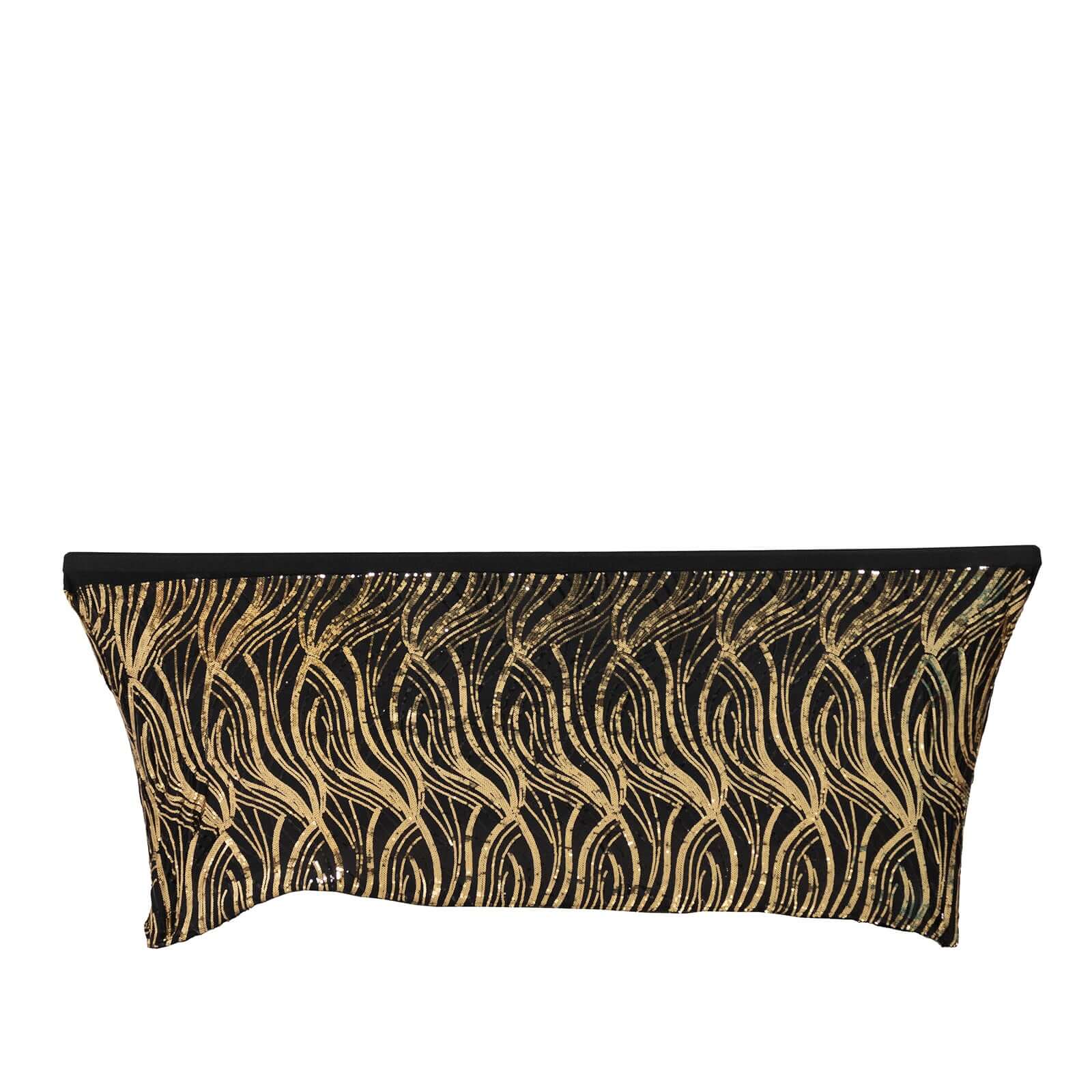 Sequin Stretch Spandex 72"x30" Rectangle Tablecloth Black/Gold Wave Embroidered Design Four-Way Stretch Shimmering Table Cover for Luxe Event Decor