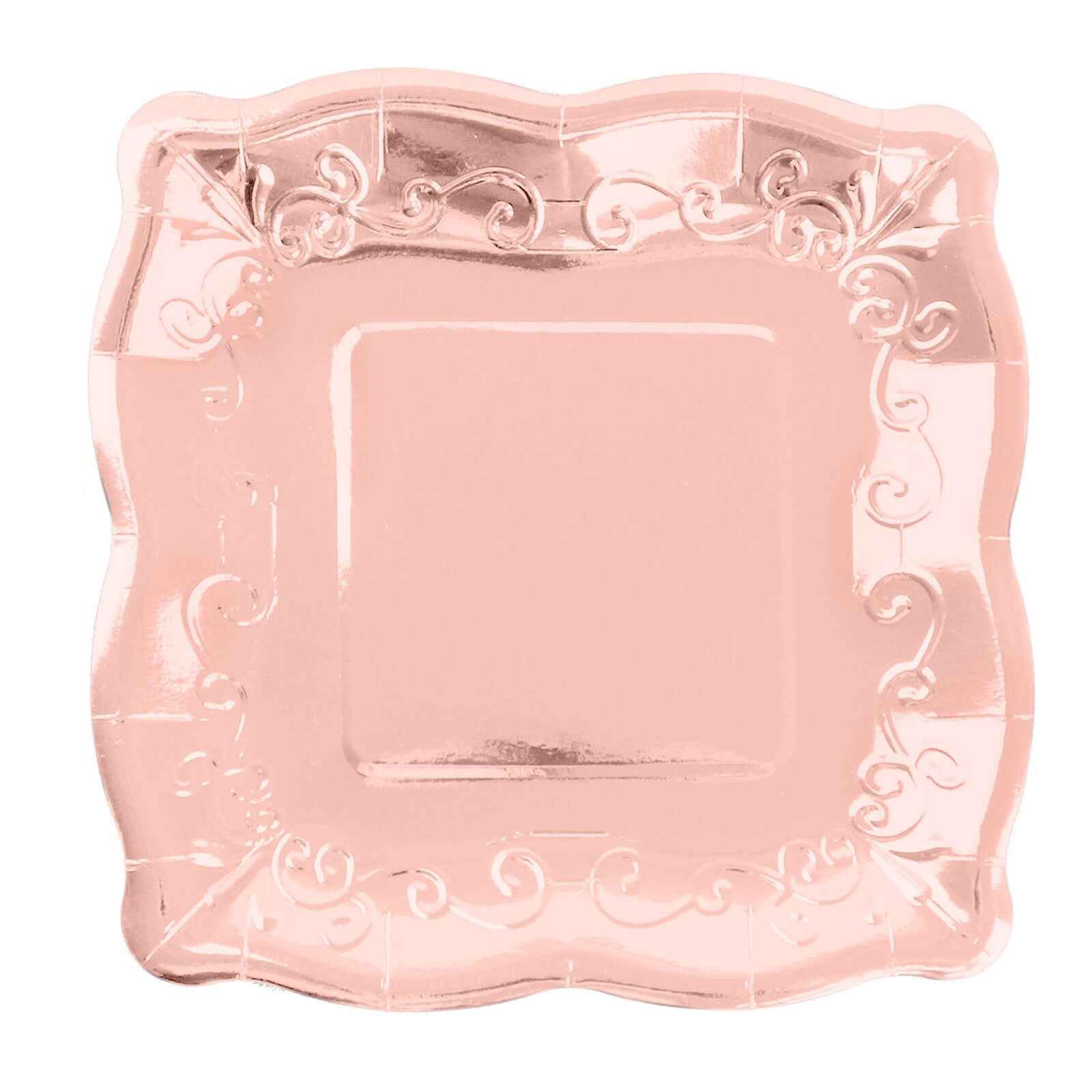 25-Pack Paper 11" Square Dinner Plates in Blush Rose Gold with Vintage Pottery Embossed Design - Shiny Metallic Disposable Serving Plates