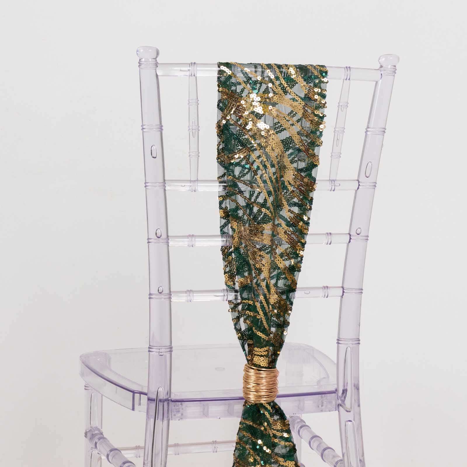 5 Pack Chair Sashes with Wave Embroidered Sequins Hunter Emerald Green/Gold 6"x88"
