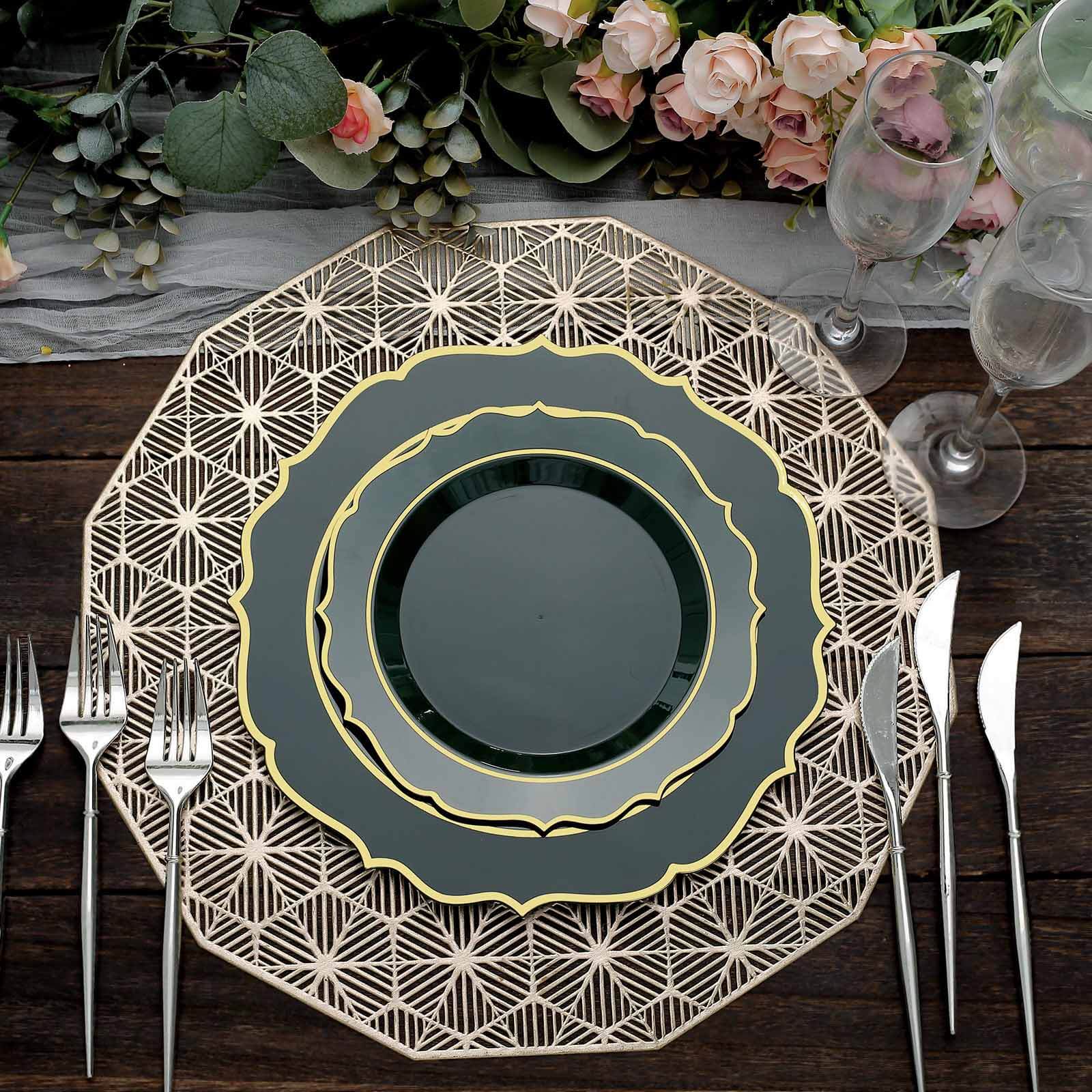 10-Pack Plastic 8" Round Desert Plates in Hunter Emerald Green with Gold Scalloped Rim - Disposable Appetizer/Salad Plates