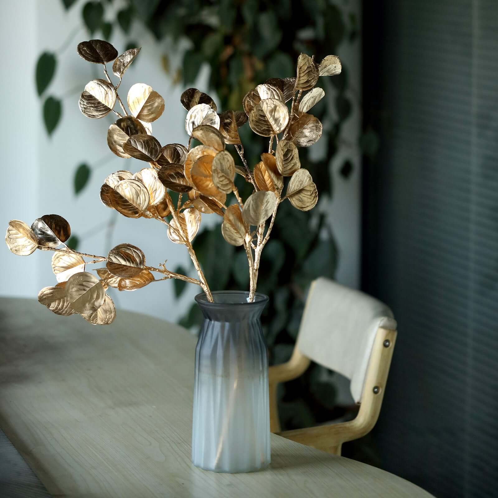 2-Pack Artificial Round Eucalyptus Leaf Branches Metallic Gold - Lifelike Faux Stems for Modern Centerpieces & Floral Arrangements 27"